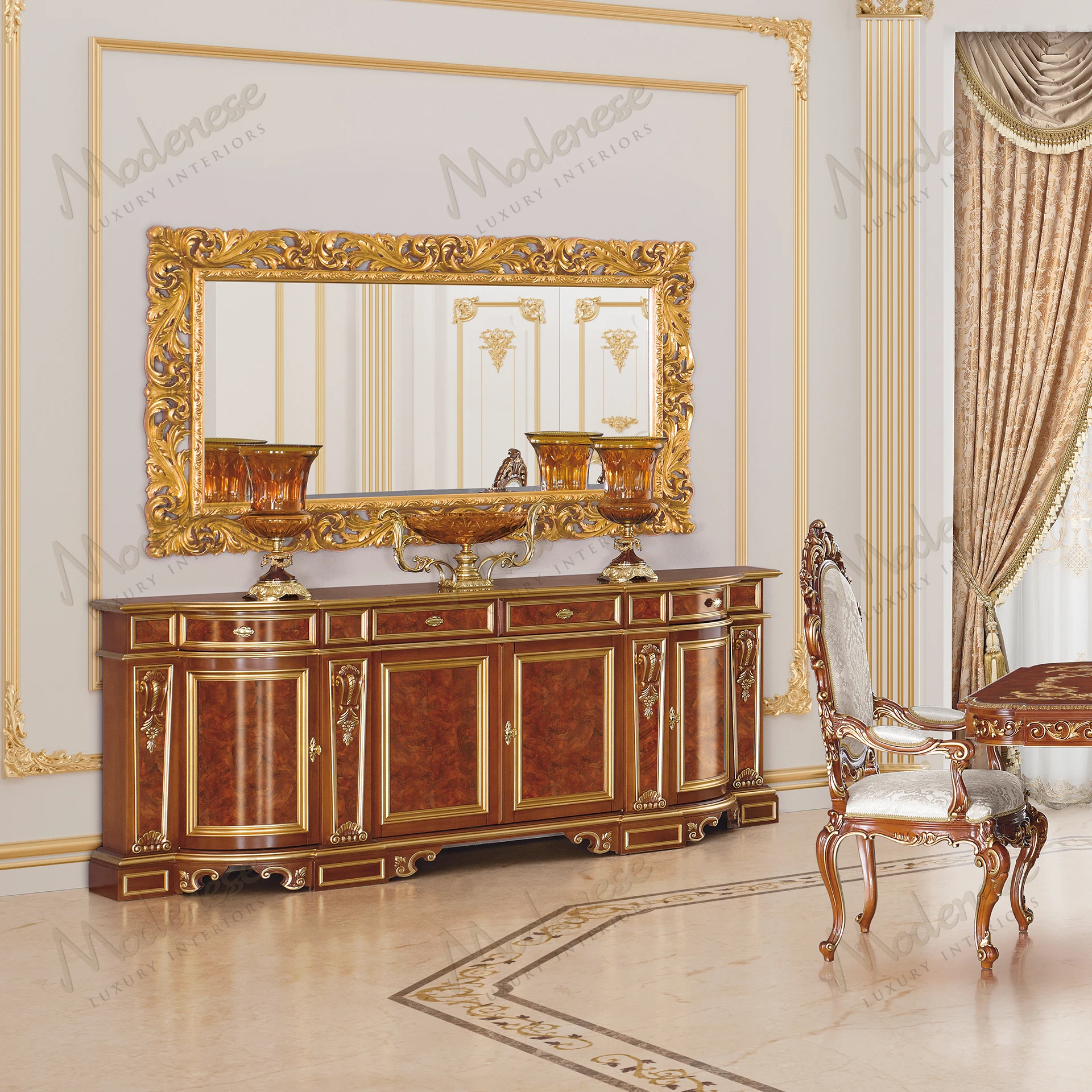 Wooden Carved Symmetry Sideboard with intricate patterns, no fabric, and a cozy texture. Perfect for adding elegance to any room..