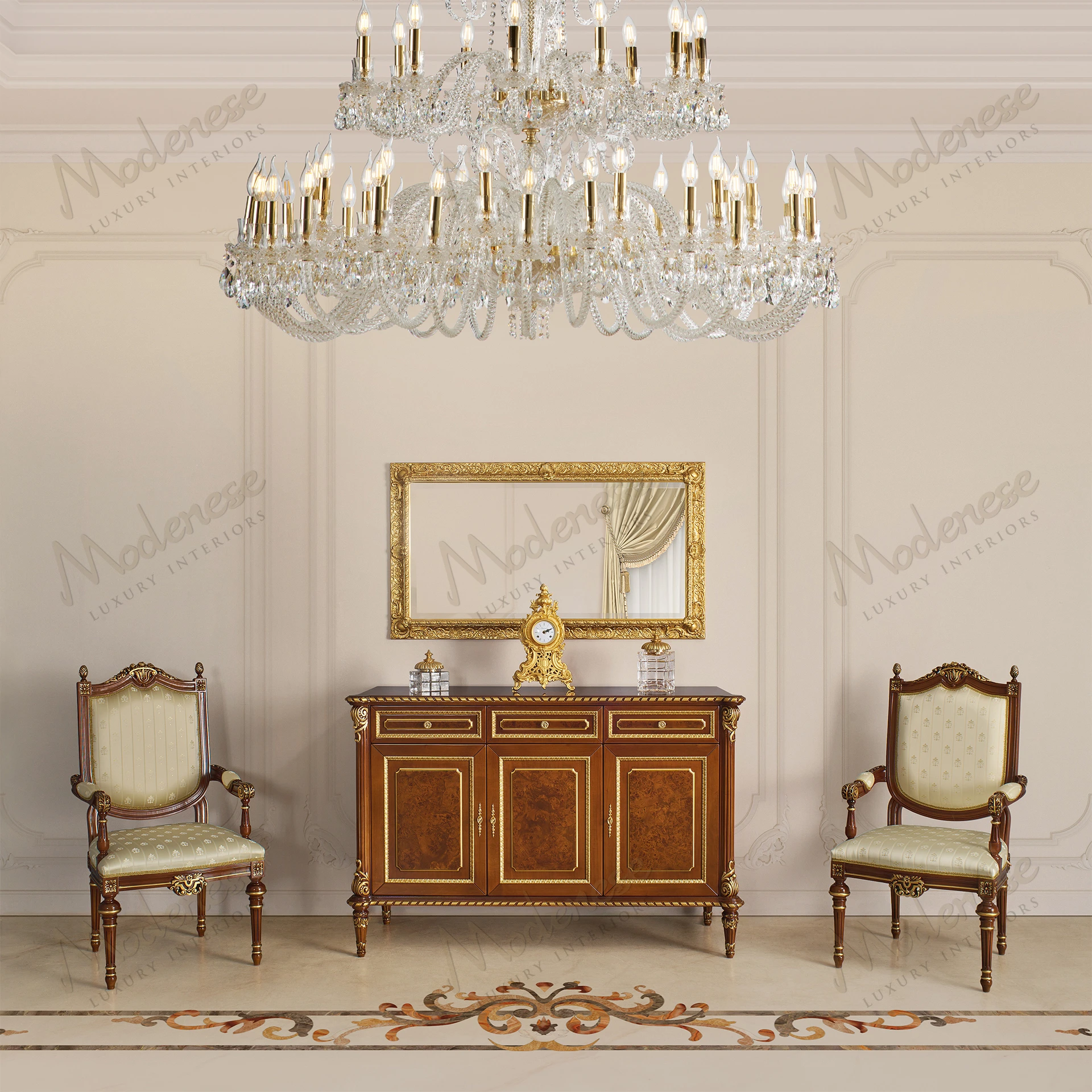 Elegant Elite Sideboard with Classic walnut finish, featuring gold leaf details and intricate inlaid decorations, showcasing a refined style