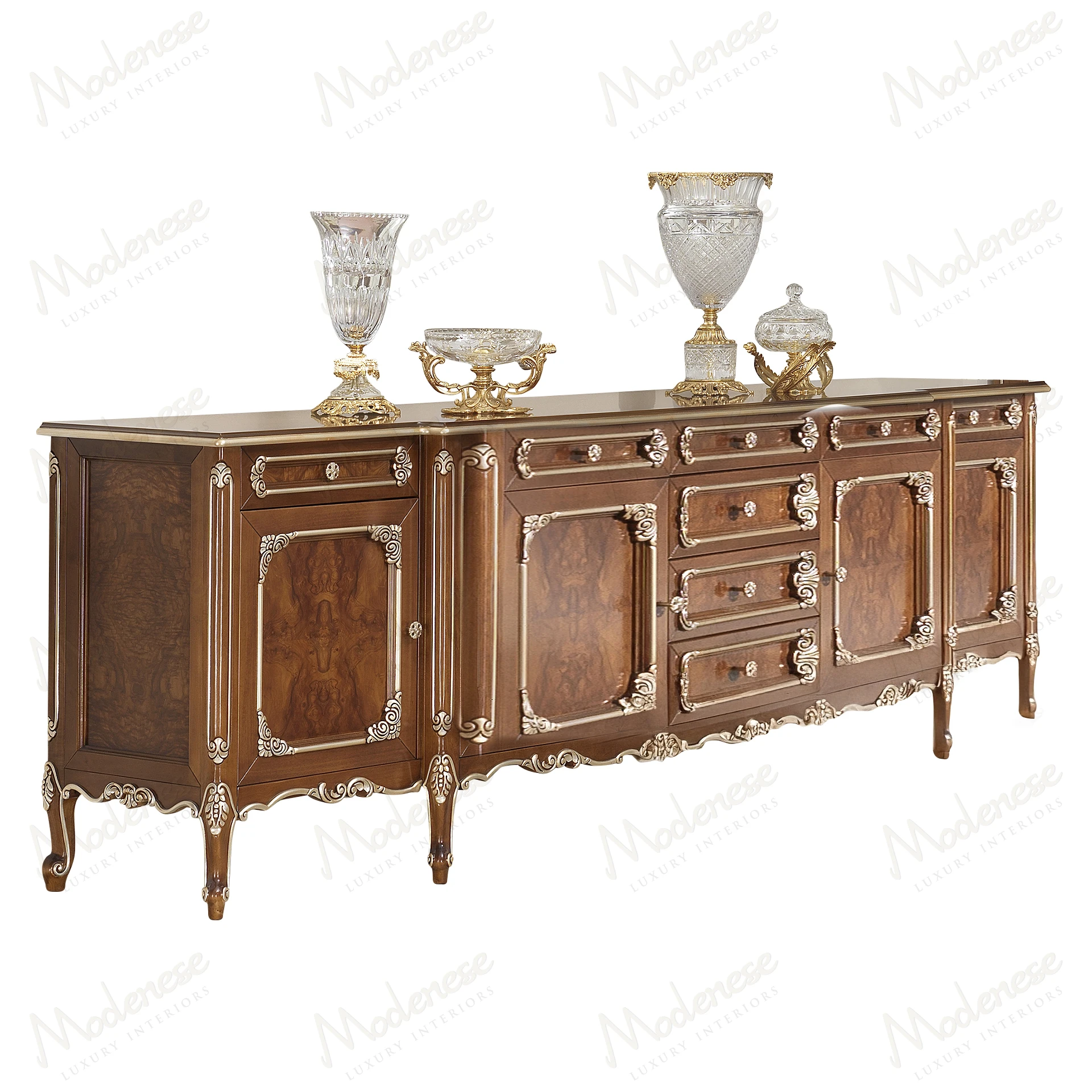 Elegant Noble Etiquette sideboard with classic walnut finish, silver leaf details, and radica version finish. Perfect for sophisticated interiors