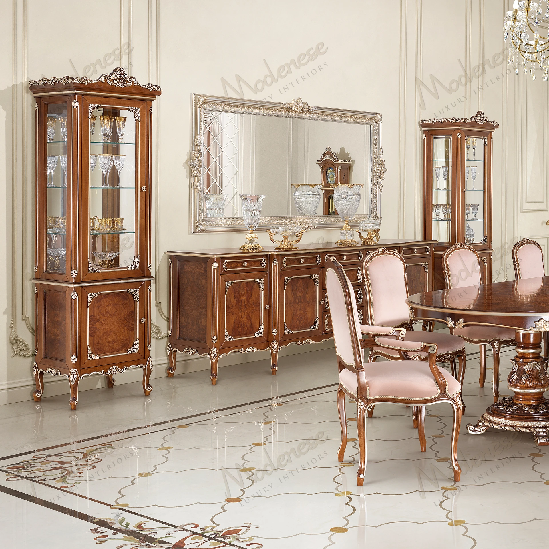 Elegant wooden sideboard with classic walnut finish, silver leaf accents, and radica tones, showcasing a sleek design