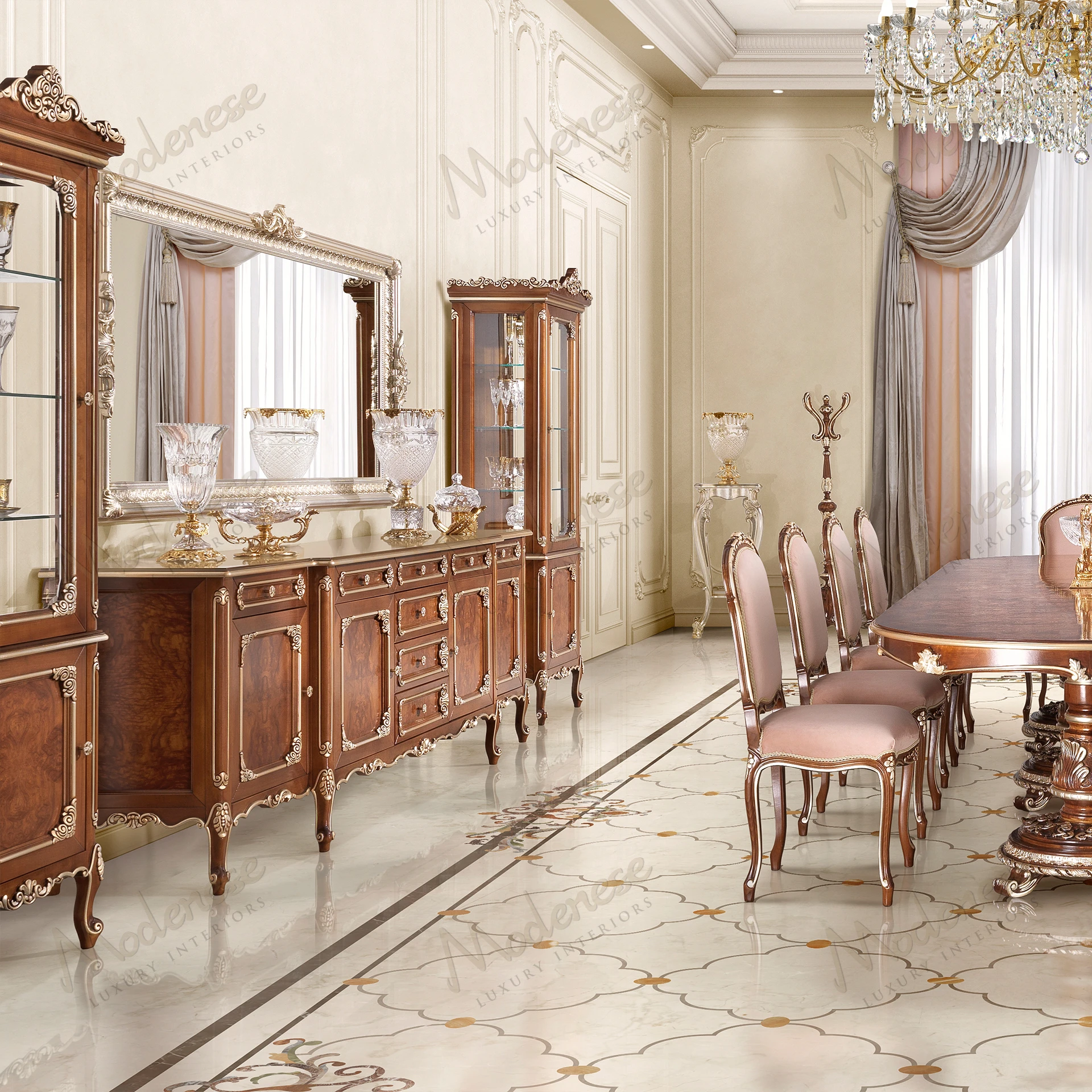 Elegant Noble Etiquette sideboard with classic walnut finish, silver leaf accents, and radica version finish, offering a luxurious, fabric-free design