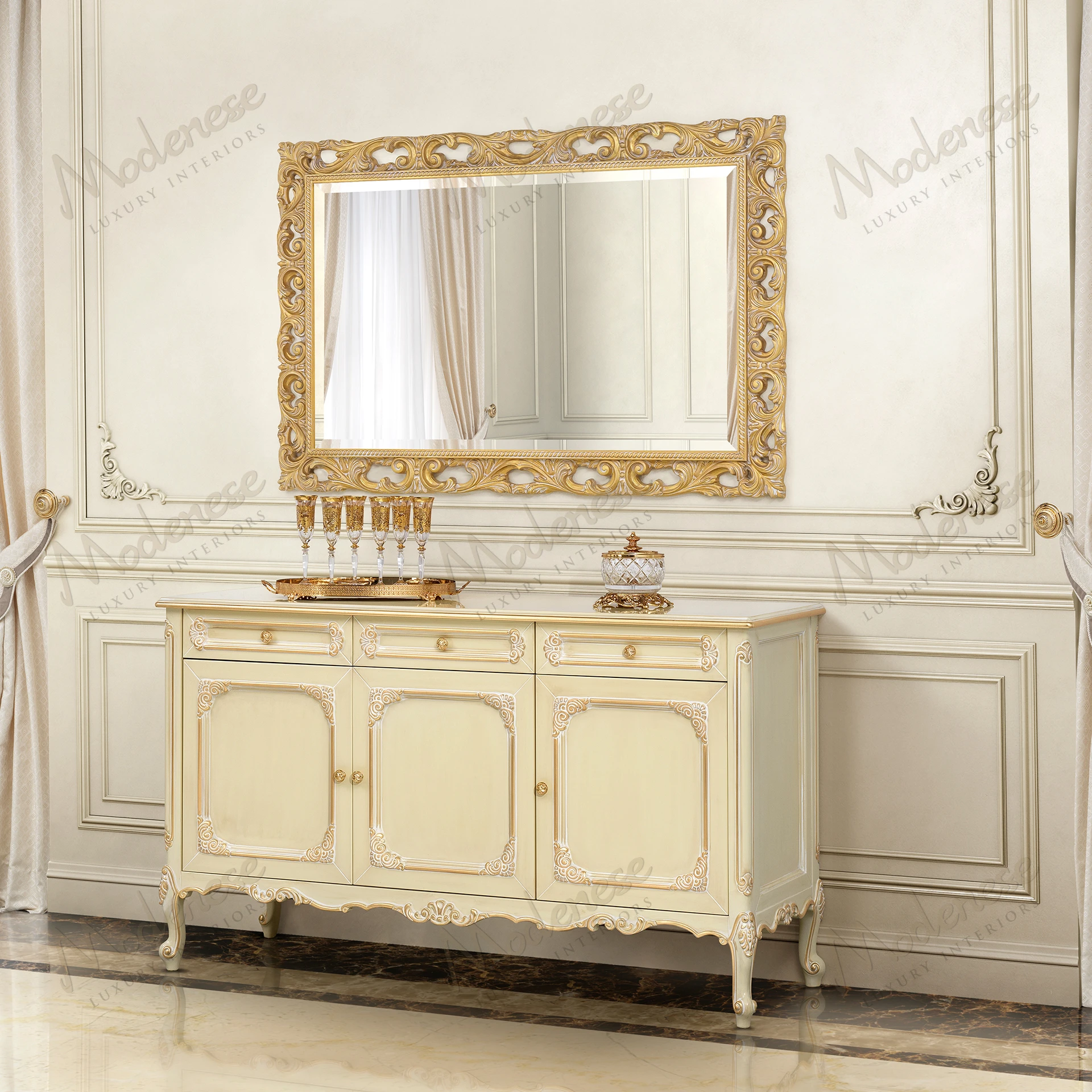 Elegant Timeless Grace Sideboard with ivory lacquered finish and gold leaf details, showcasing a sophisticated and luxurious design