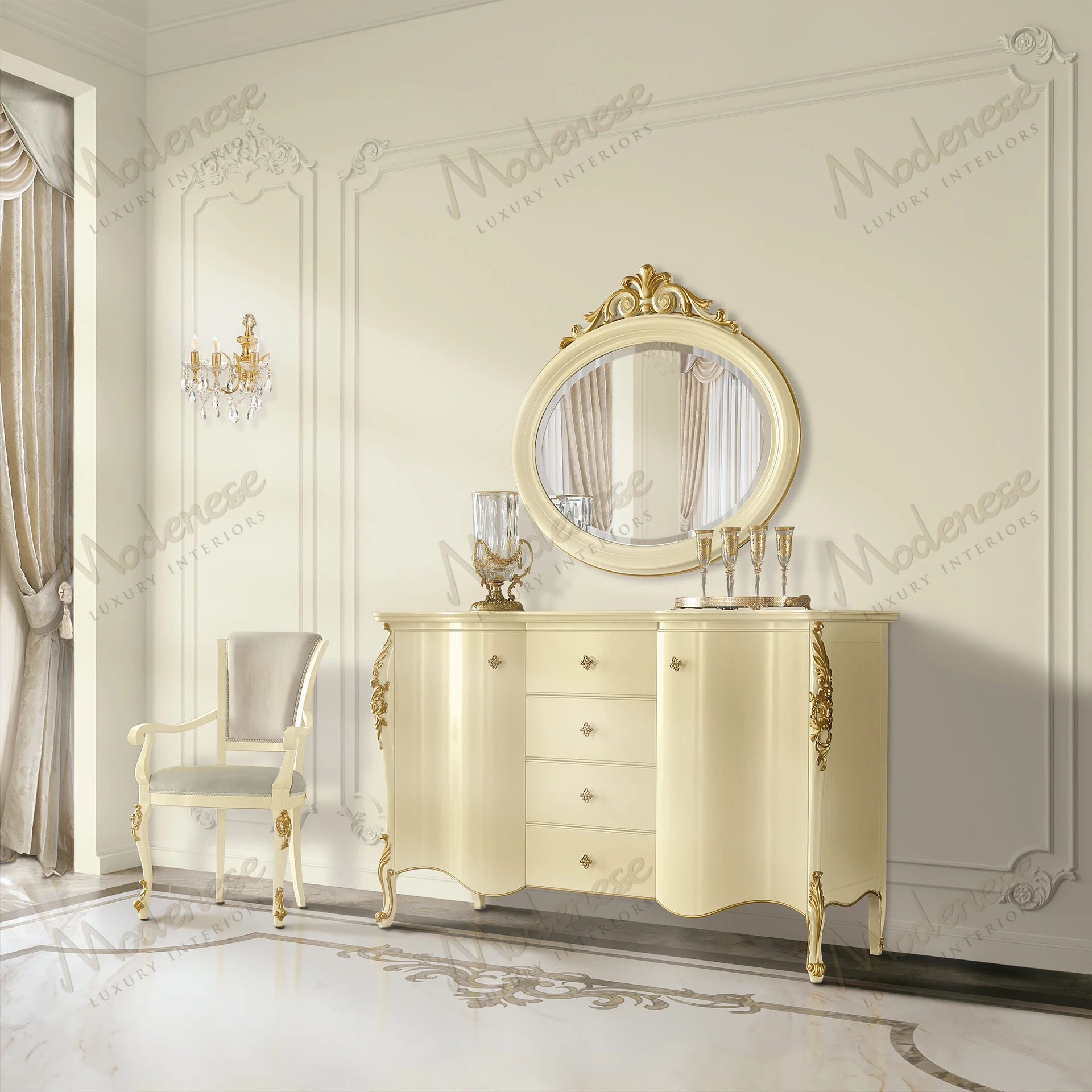 Elegant Essence sideboard featuring an ivory lacquered finish with gold leaf details, showcasing a sophisticated design