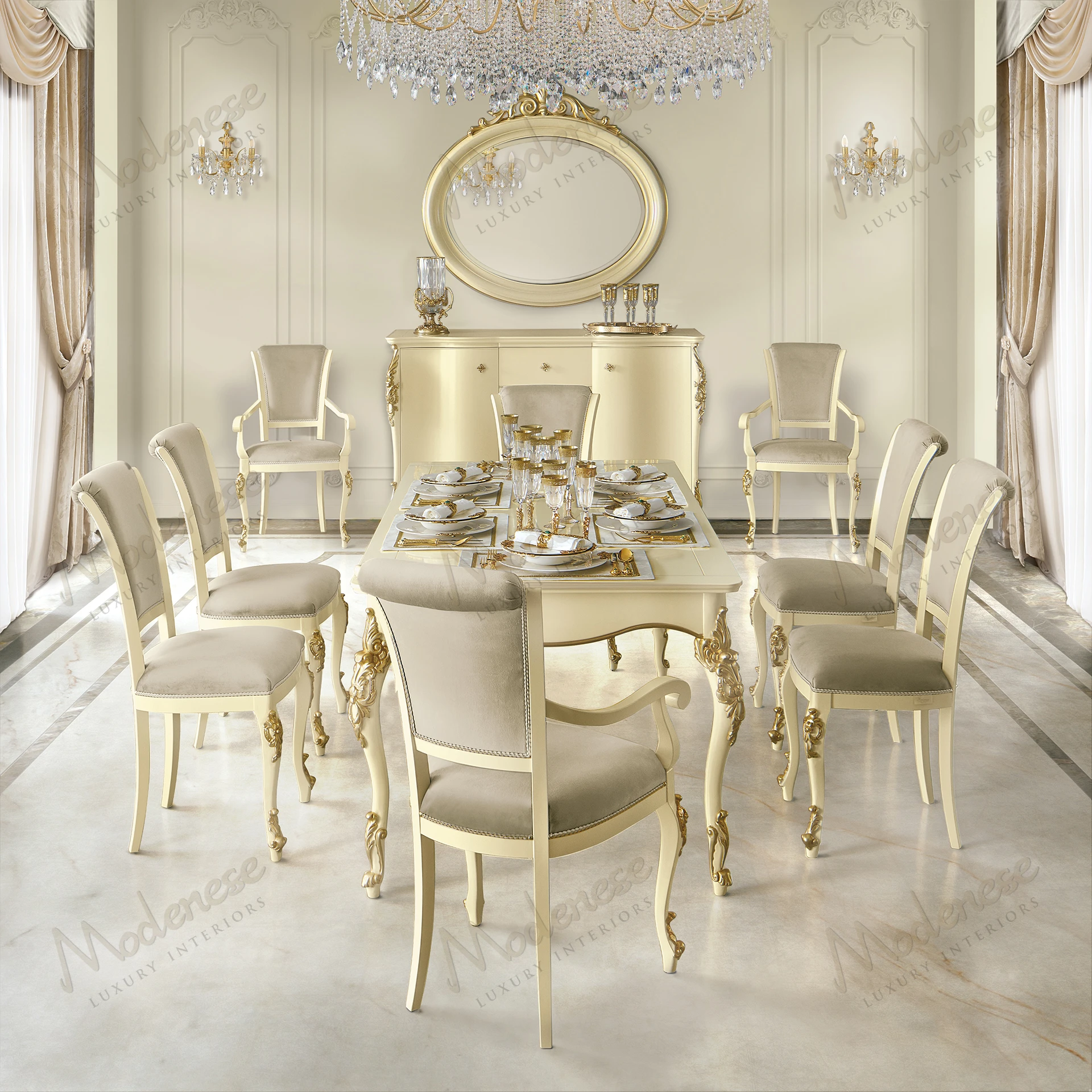 Essence Sideboard: Wood structure with ivory lacquer finish, gold leaf accents. Sleek design