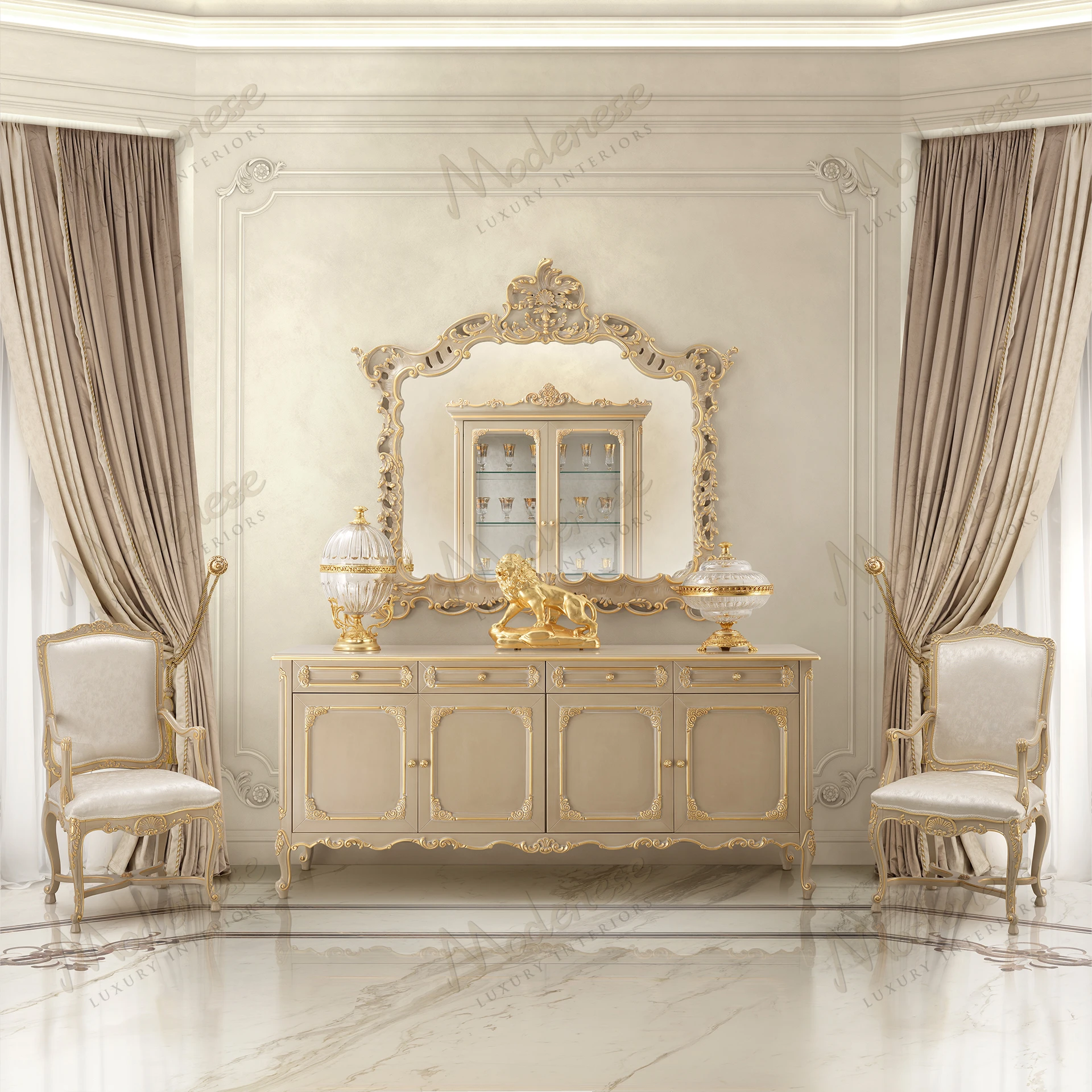 Elegant Harmony Sideboard with taupe lacquered finish and gold leaf details. Perfect blend of sophistication and style for any room