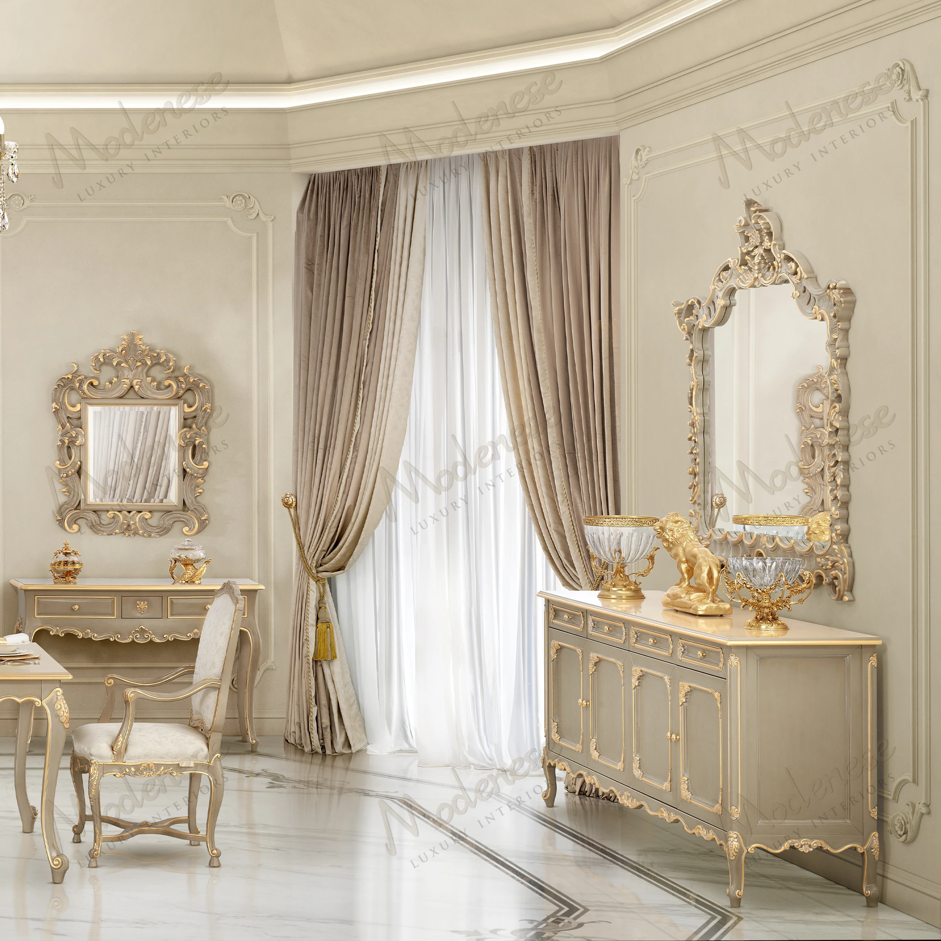 Harmony Sideboard: Wood structure, wooden top, taupe lacquer finish, gold leaf accents, sleek design. Ideal for stylish storage