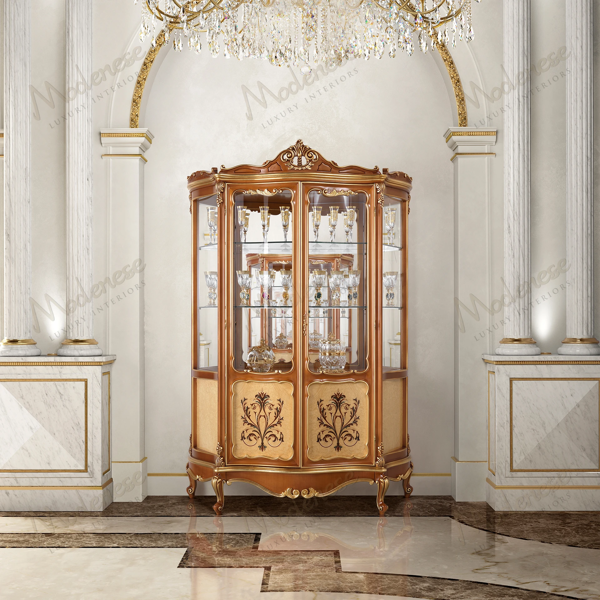 Elegant Royal Blend cabinet with two-toned wood, intricate inlaid decorations, and gold leaf details, showcasing a sophisticated design