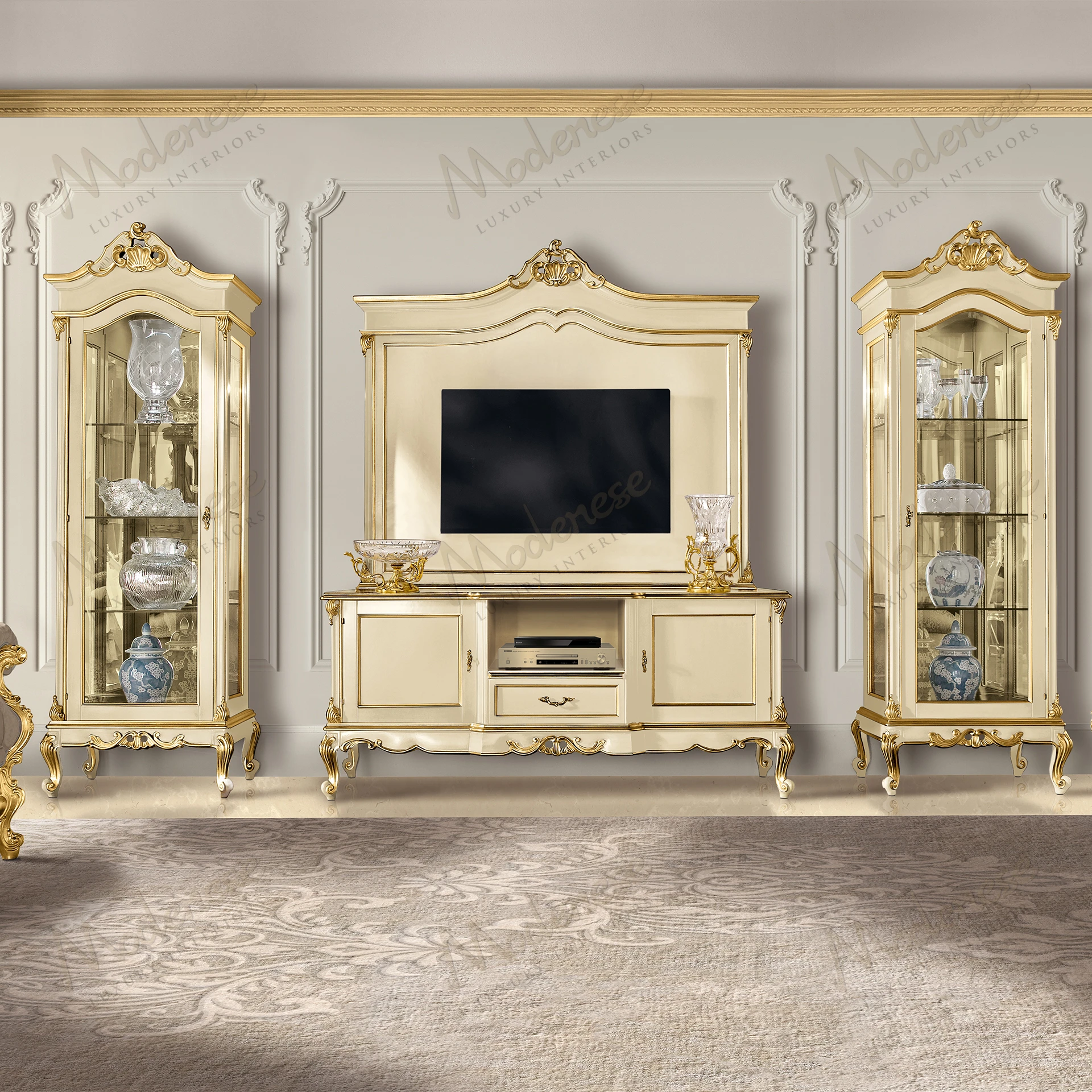 Golden Haze Cabinet with right opening, ivory lacquered finish, gold leaf details, elegant style, displayed against white background