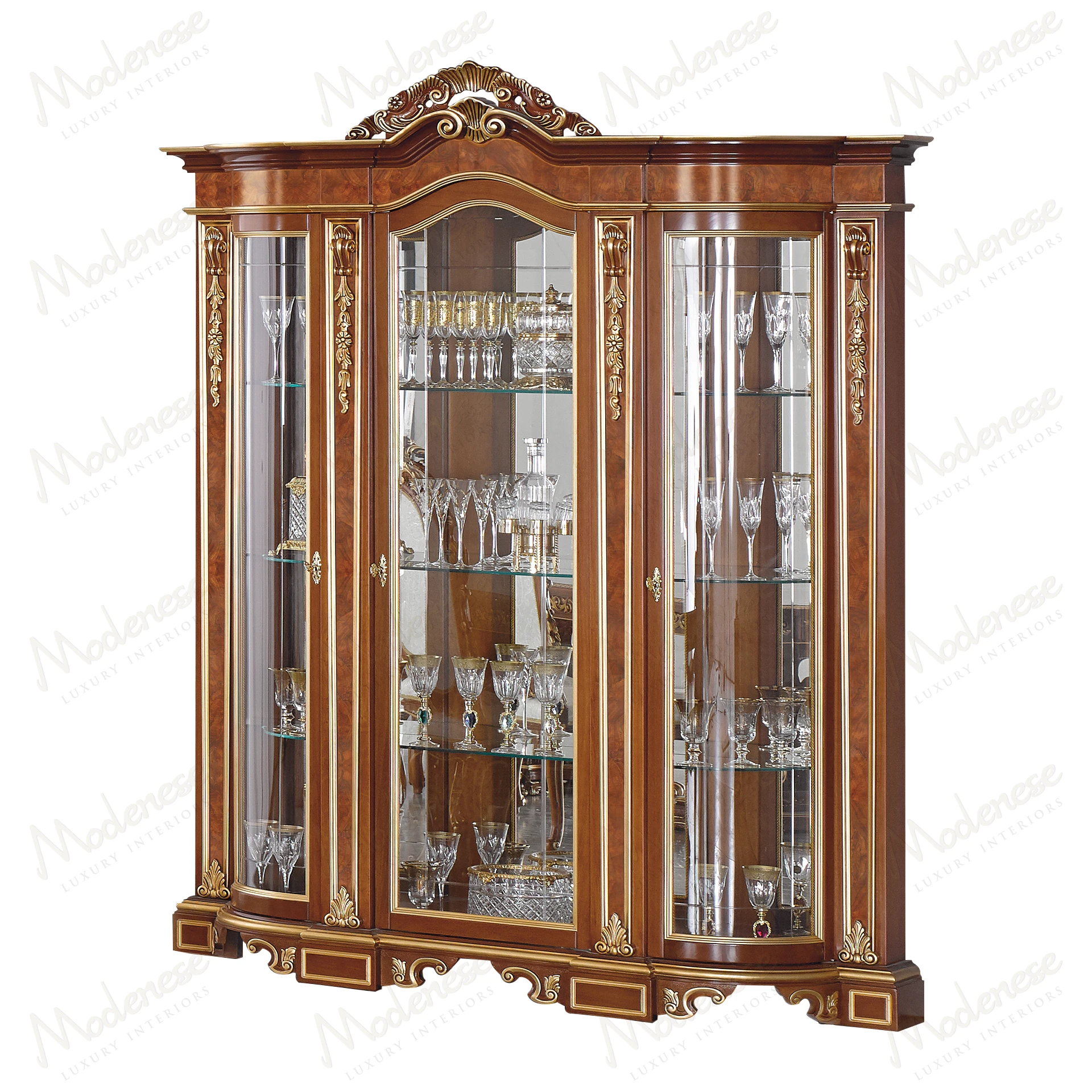 Alt text: Elegant Carved Symmetry Cabinet featuring classic walnut finish, gold leaf details, and radica version finish. Sophisticated design with intricate patterns