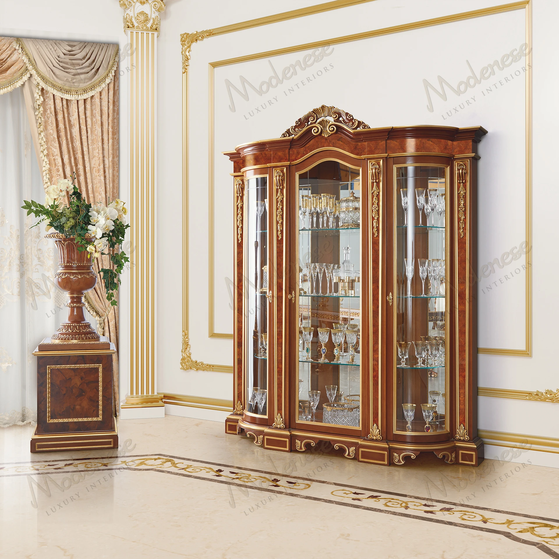 Carved Symmetry Cabinet: wooden cabinet featuring intricate symmetrical carvings, no fabric upholstery, with a cozy, textured wooden finish. Ideal for elegant, accessible design..