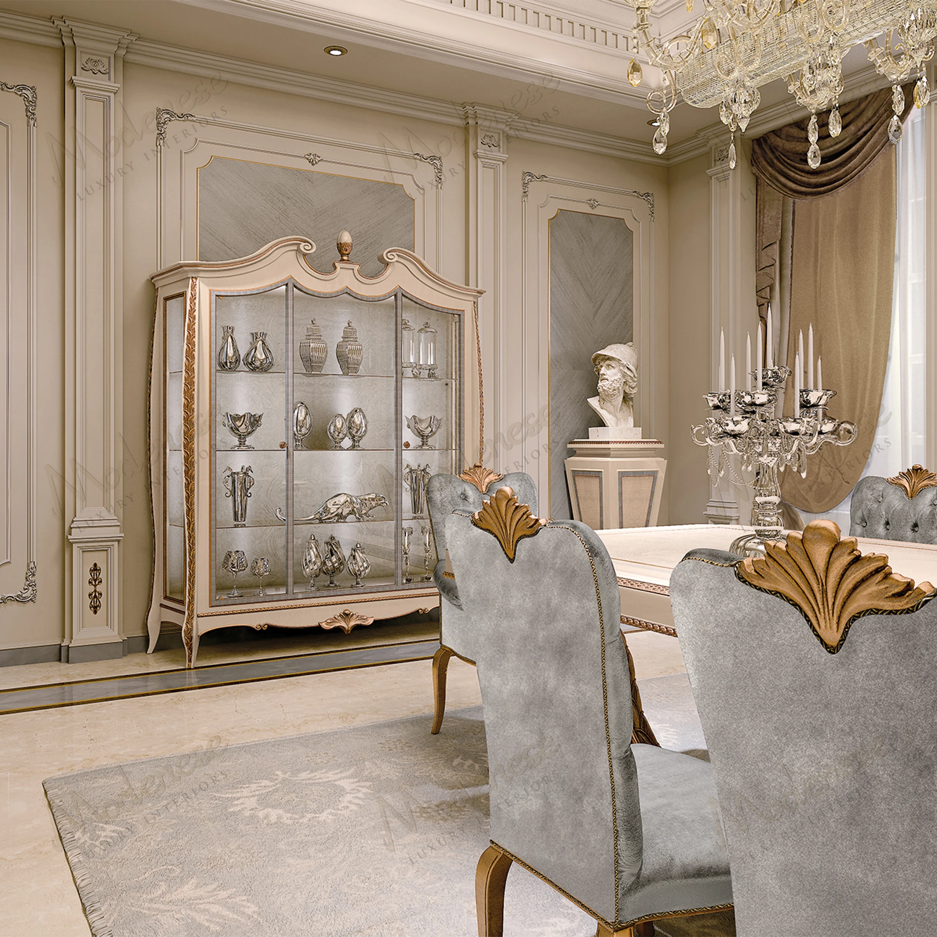 Elegant Embrace Cabinet with ivory lacquered finish, light blue accents, and antiqued gold leaf details. Sophisticated design in a classic style