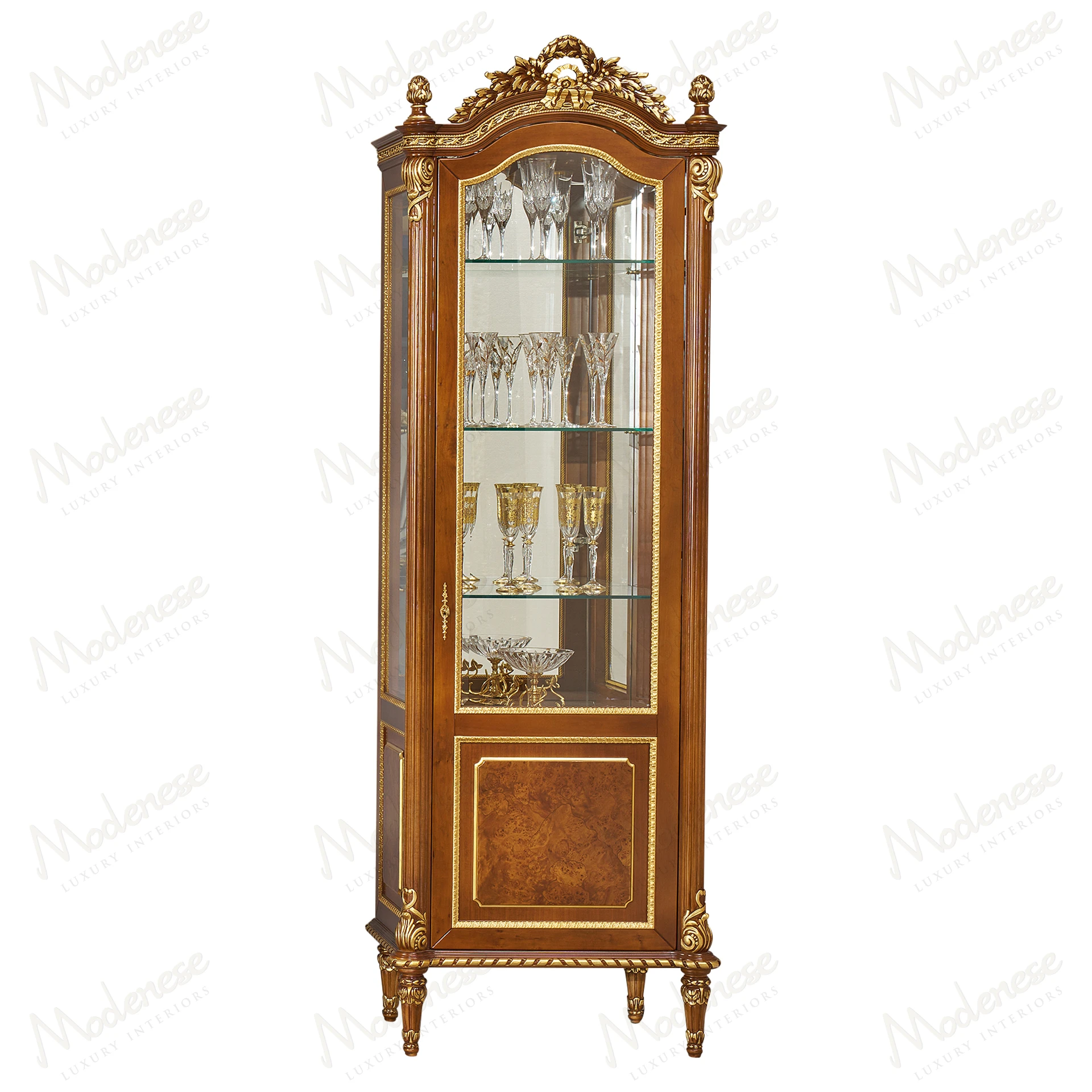 Elegant ivory lacquered cabinet with gold leaf accents and crystal shelves