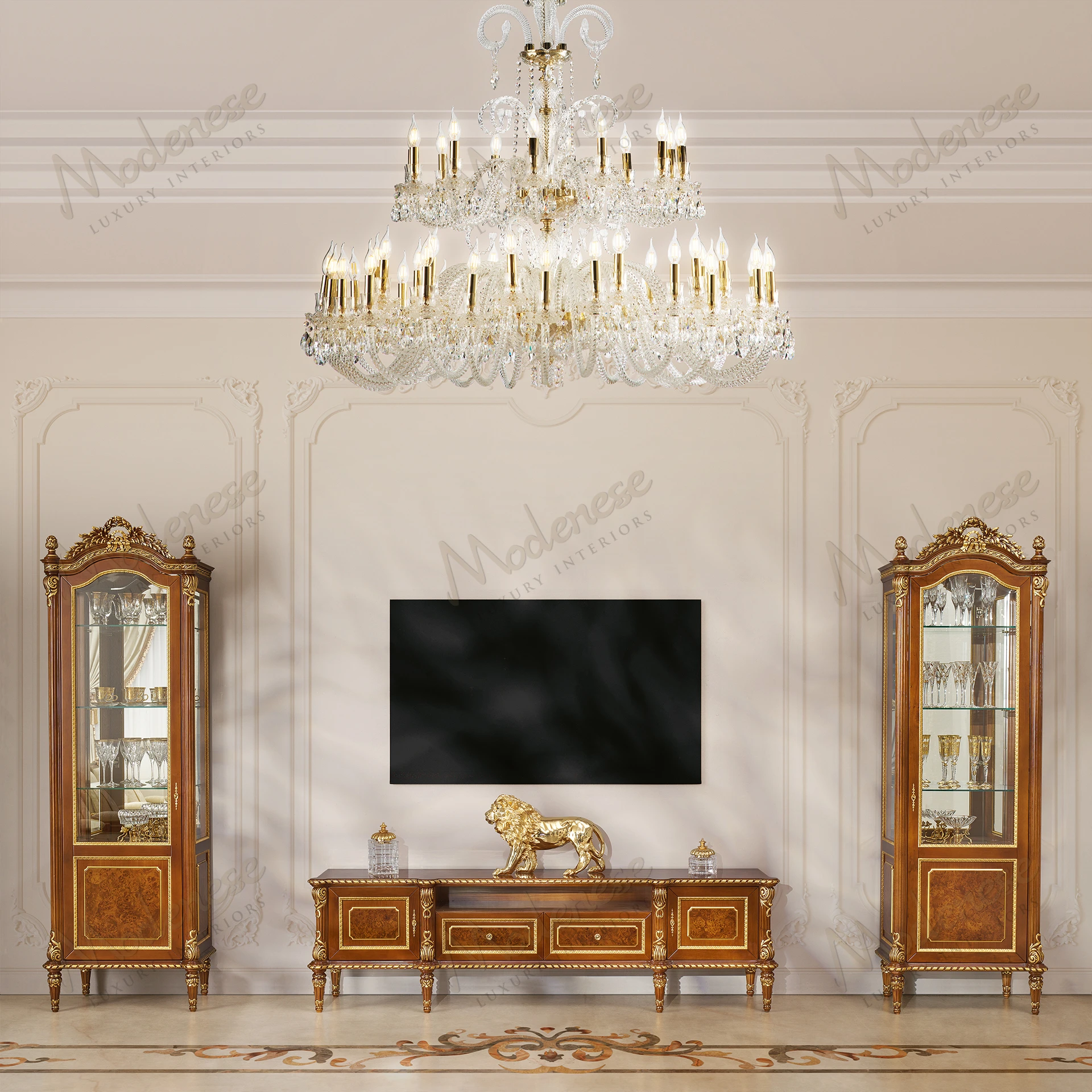 Luxurious right-opening wood cabinet featuring a mirrored back and intricate gold detailing
