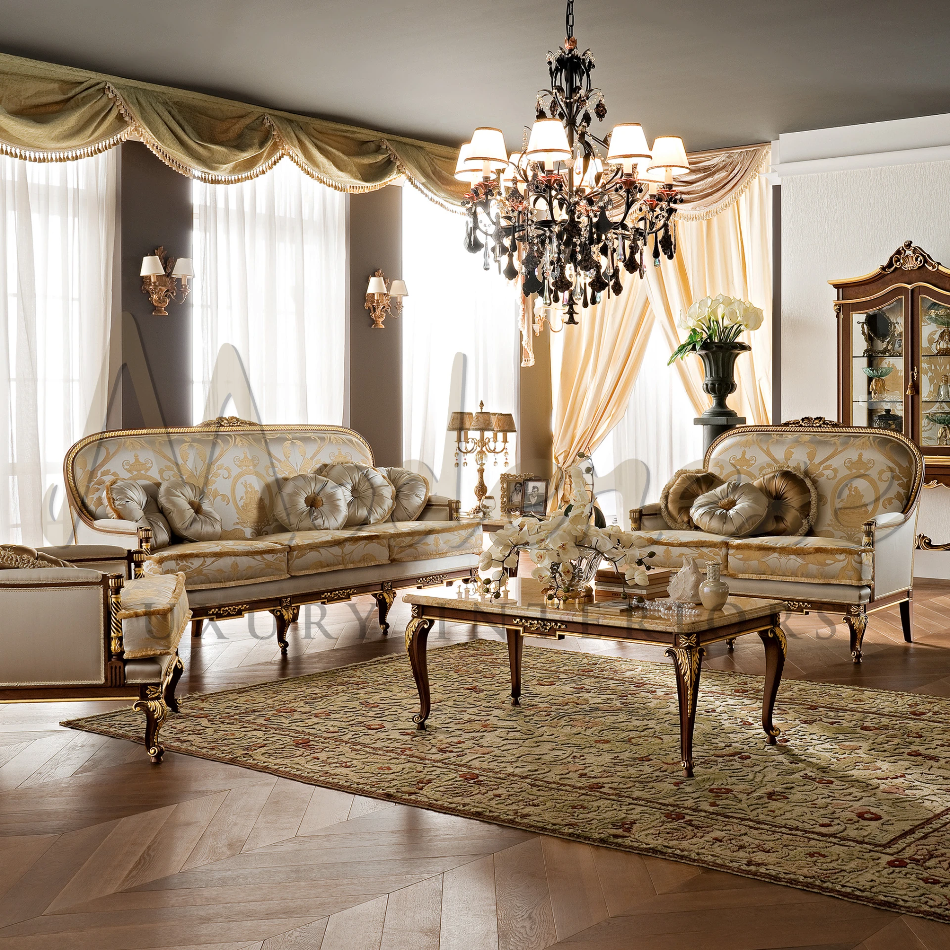 Elegant side table in Baroque style, featuring Venetian design with gold leaf finish and marble top for luxury interiors.