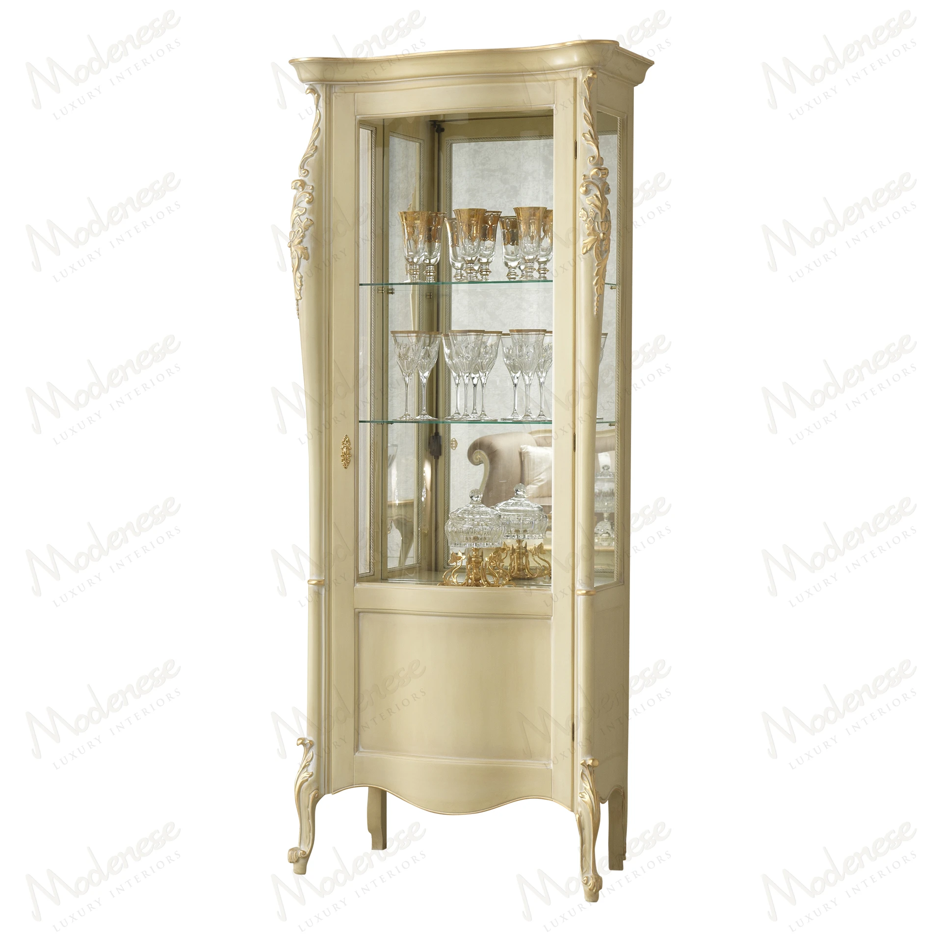 Ivory lacquered cabinet with gold leaf details, right opening, elegant design. Perfect for timeless serenity in any room