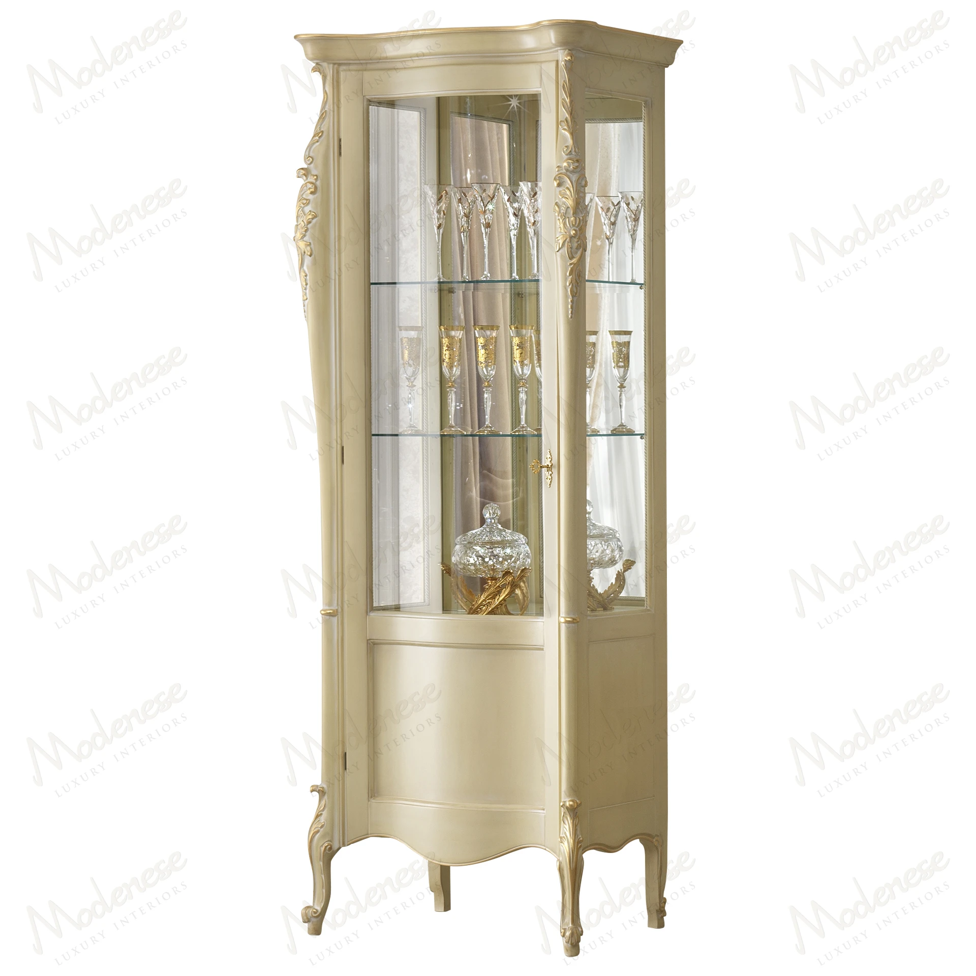 Elegant ivory cabinet with gold leaf accents, left opening. Timeless design, lacquered finish. Ideal for sophisticated interiors