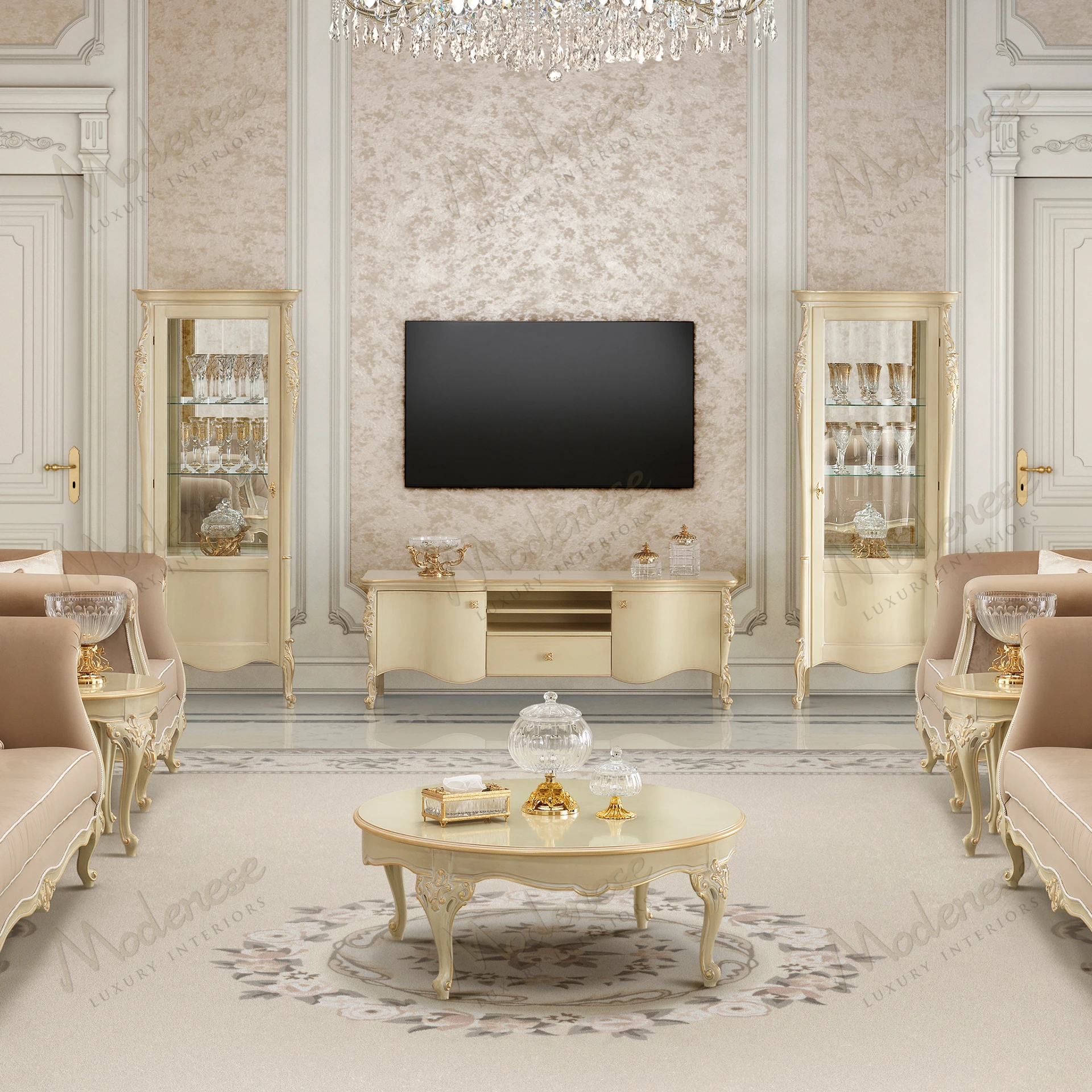 Elegant cabinet with left opening; wood structure, mirrored back, crystal shelves, ivory lacquer finish, gold leaf accents, sleek design