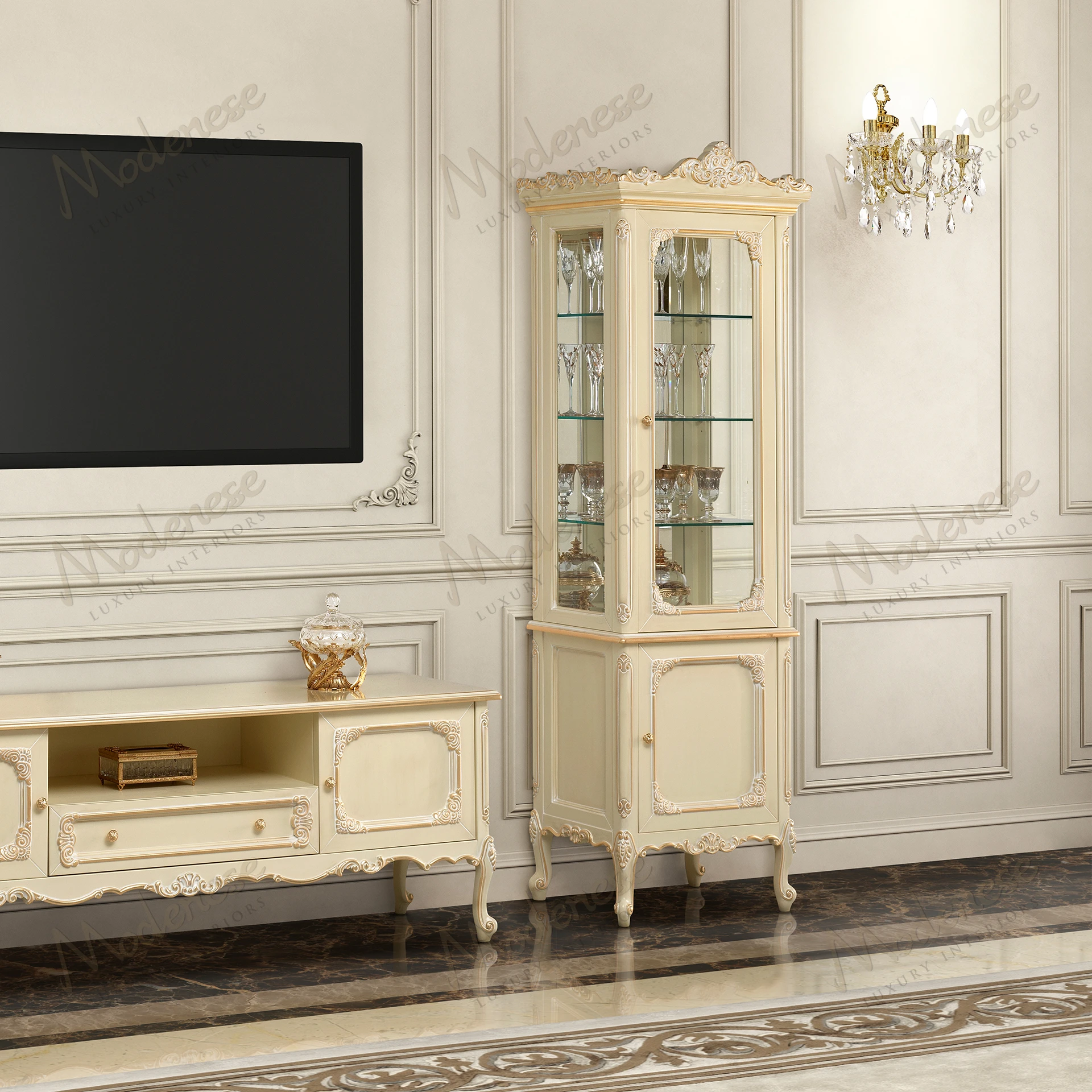 Timeless luxury cabinet in classic walnut with mirror back and radica finish