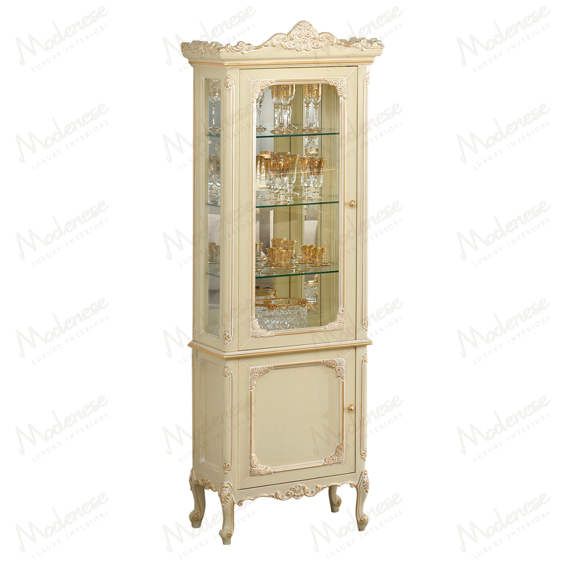 Exquisite Ivory Walnut Cabinet with Mirror Back and Crystal Shelves