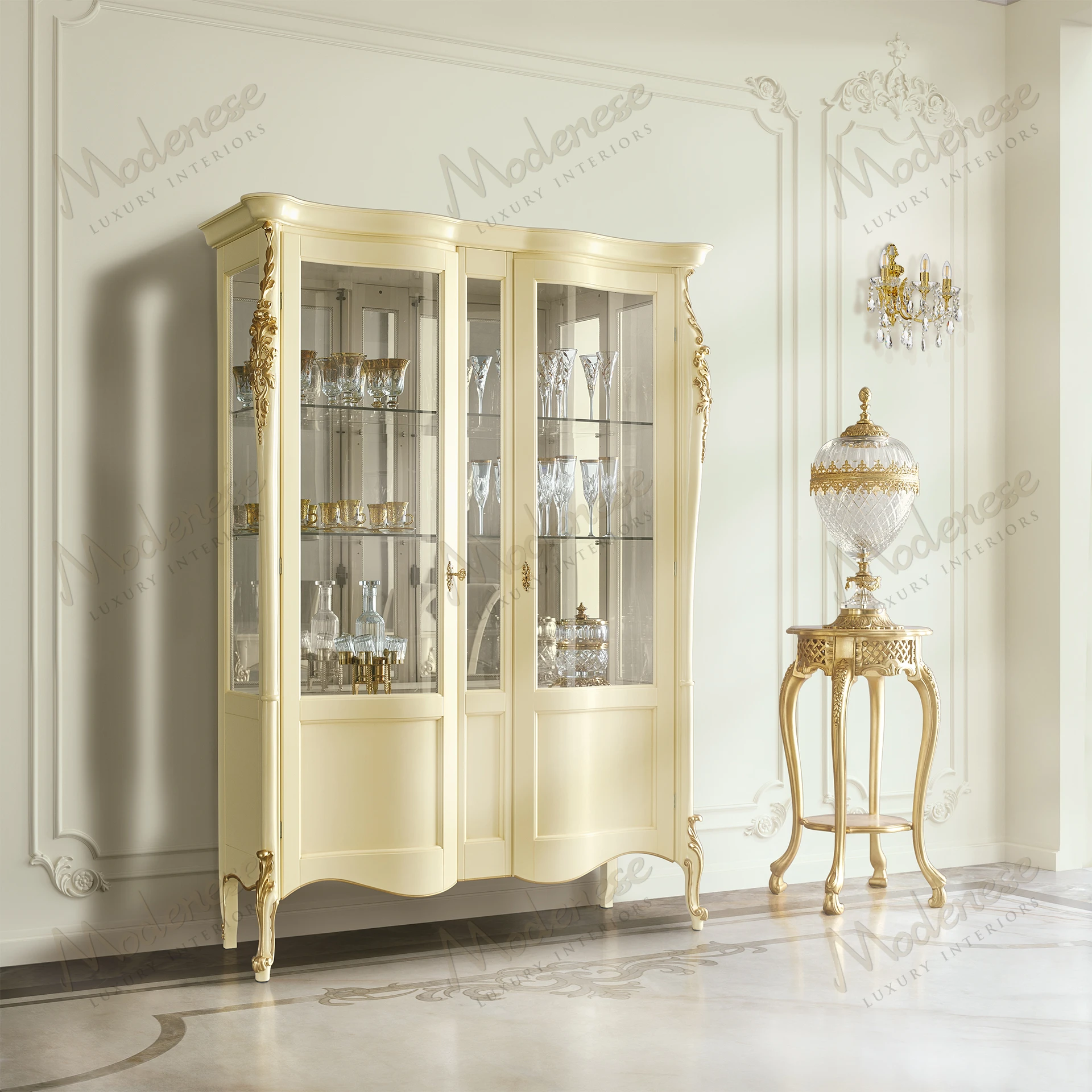 Elegant Essence Cabinet with ivory lacquered finish and gold leaf details, showcasing a sophisticated style