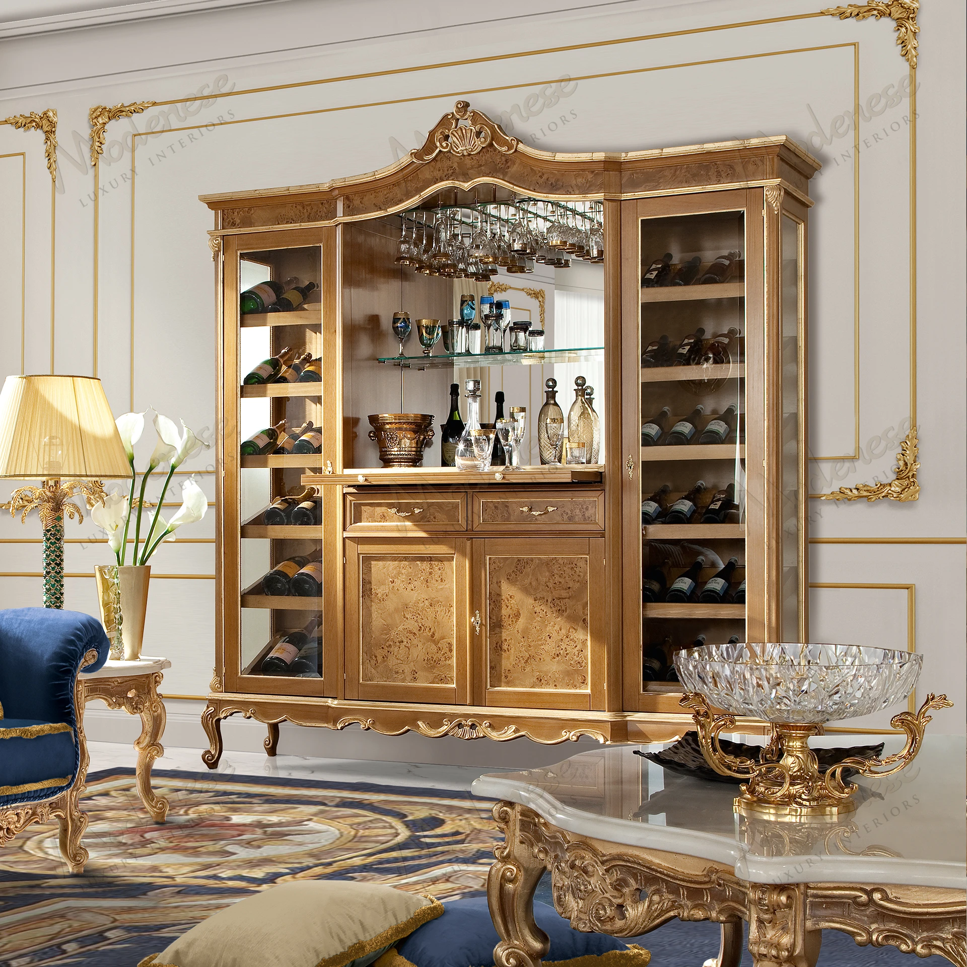 Eclipse Bottle Showcase with classic walnut finish, gold leaf details, and radica version finish in an elegant style on display