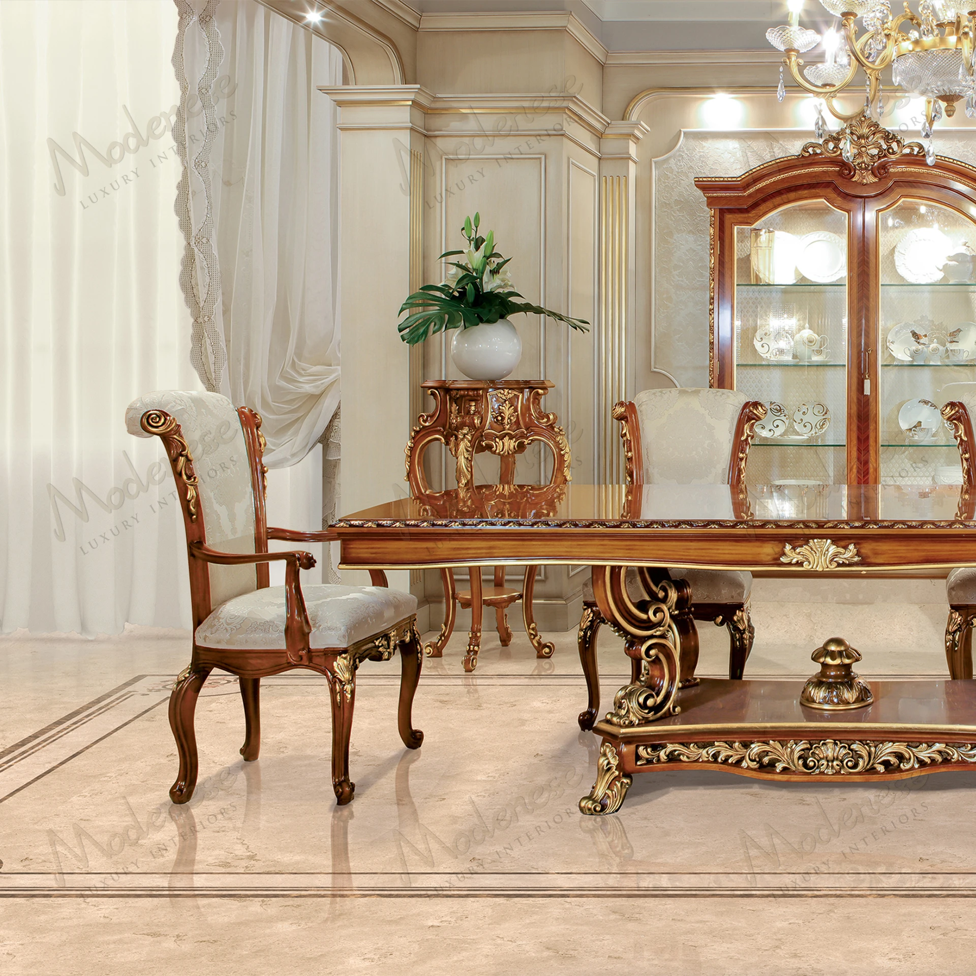 Grand Imperial Chair with armrests, elegant style, classic walnut finish, adorned with gold leaf details, showcasing luxurious craftsmanship and design