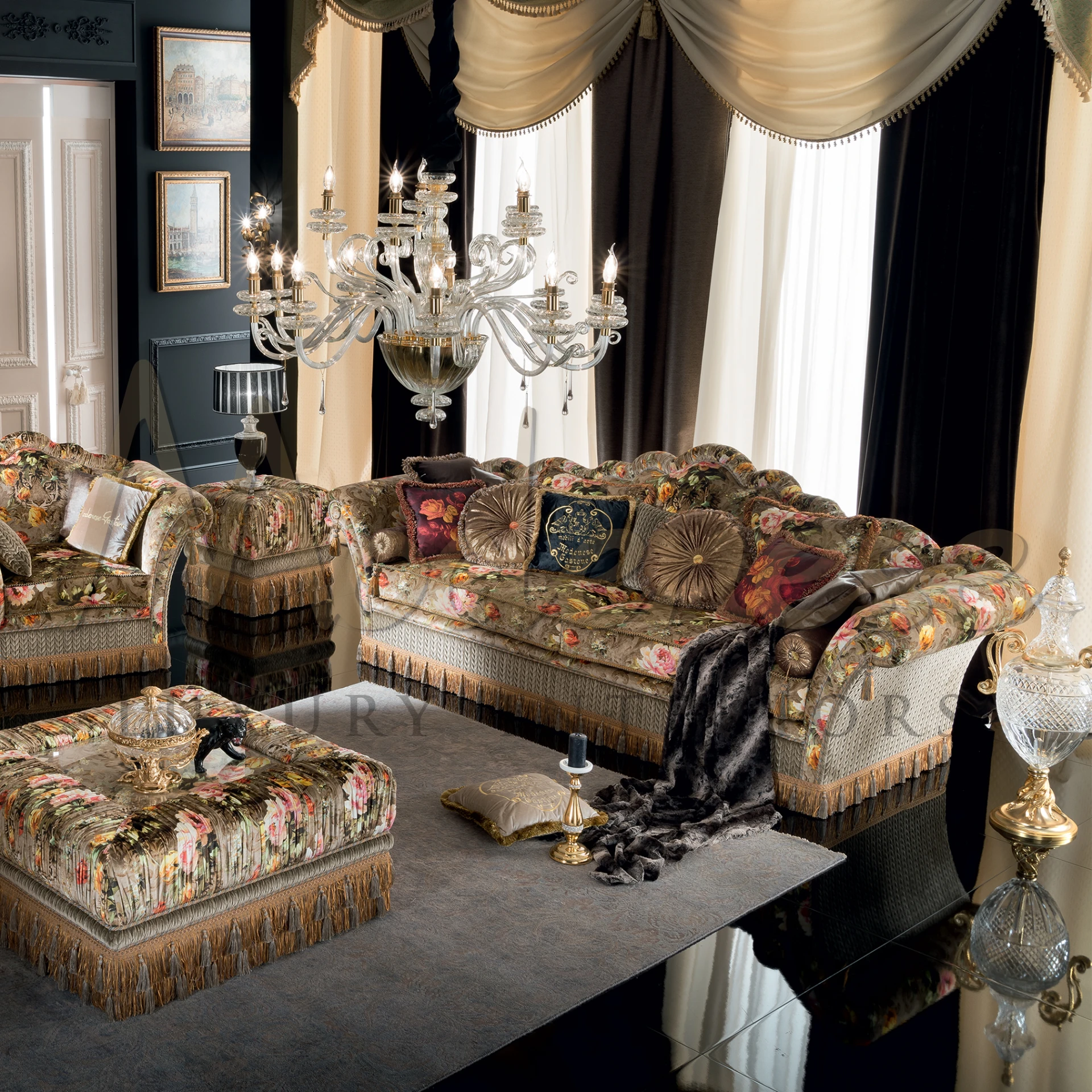 Artistic Square Side Table with floral fabric, combining luxury table design and classic center table functionality for stylish rooms.