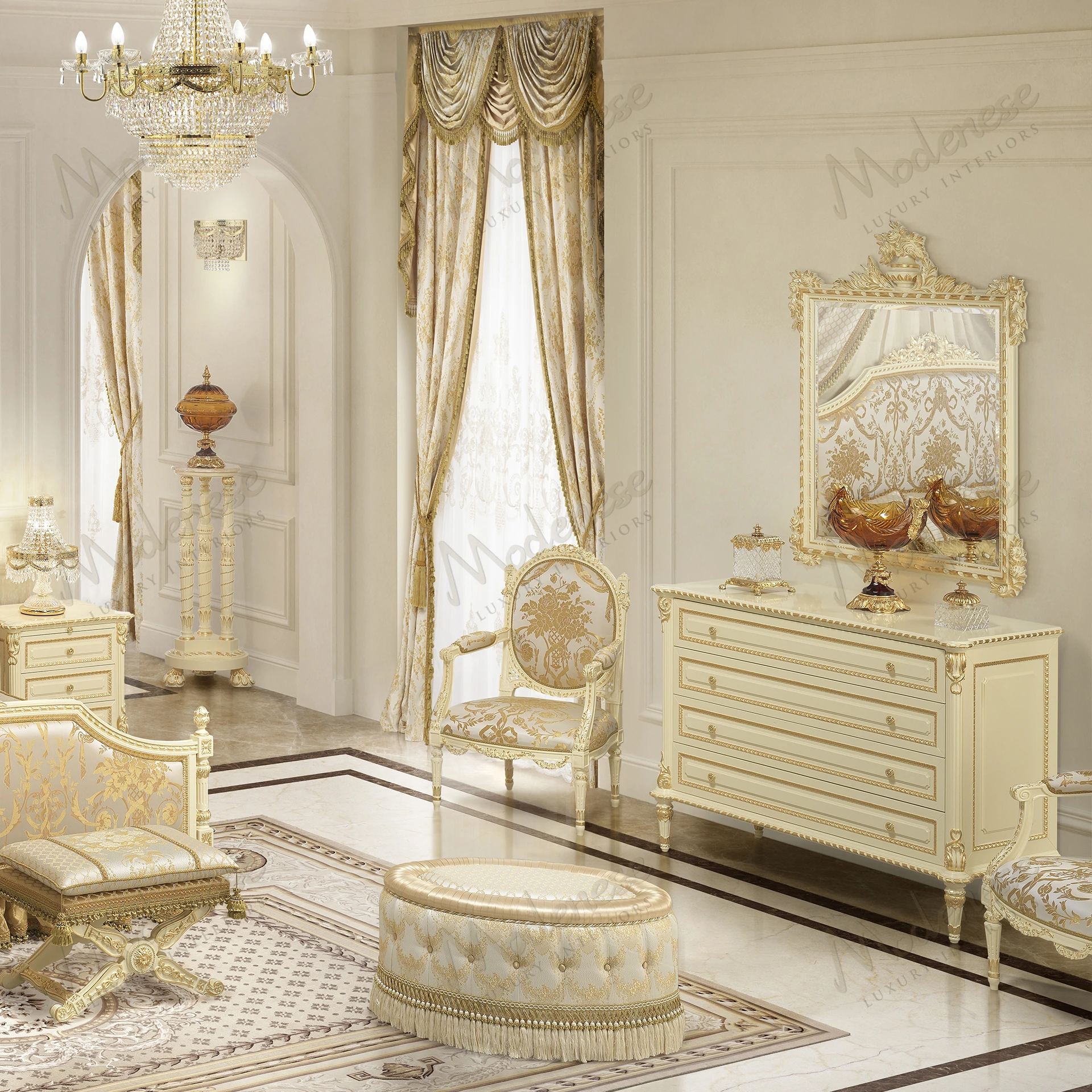 Elegant chest of drawers with ivory lacquered finish, gold leaf details, and sleek design. Stylish storage piece for sophisticated interiors