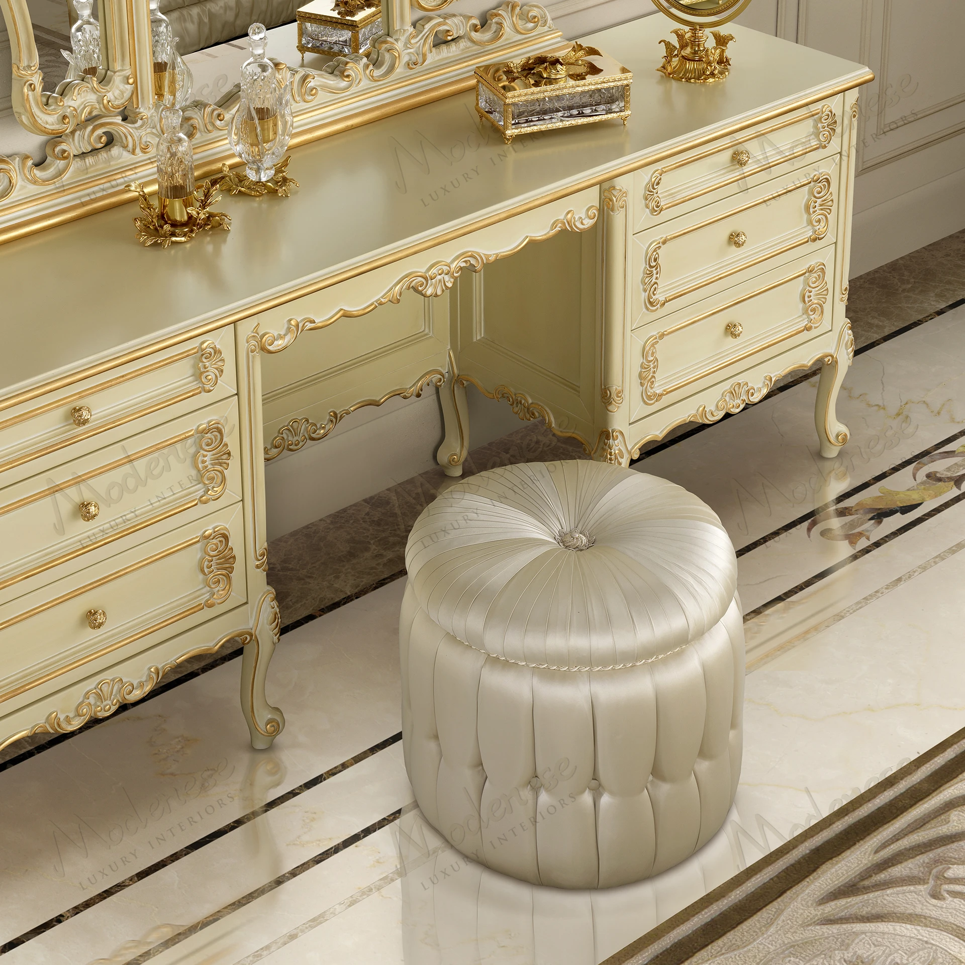 Elegant Pearl Luxury Pouf with standard finish, showcasing a smooth, sophisticated design. Ideal for stylish living spaces. Accessible, chic seating option