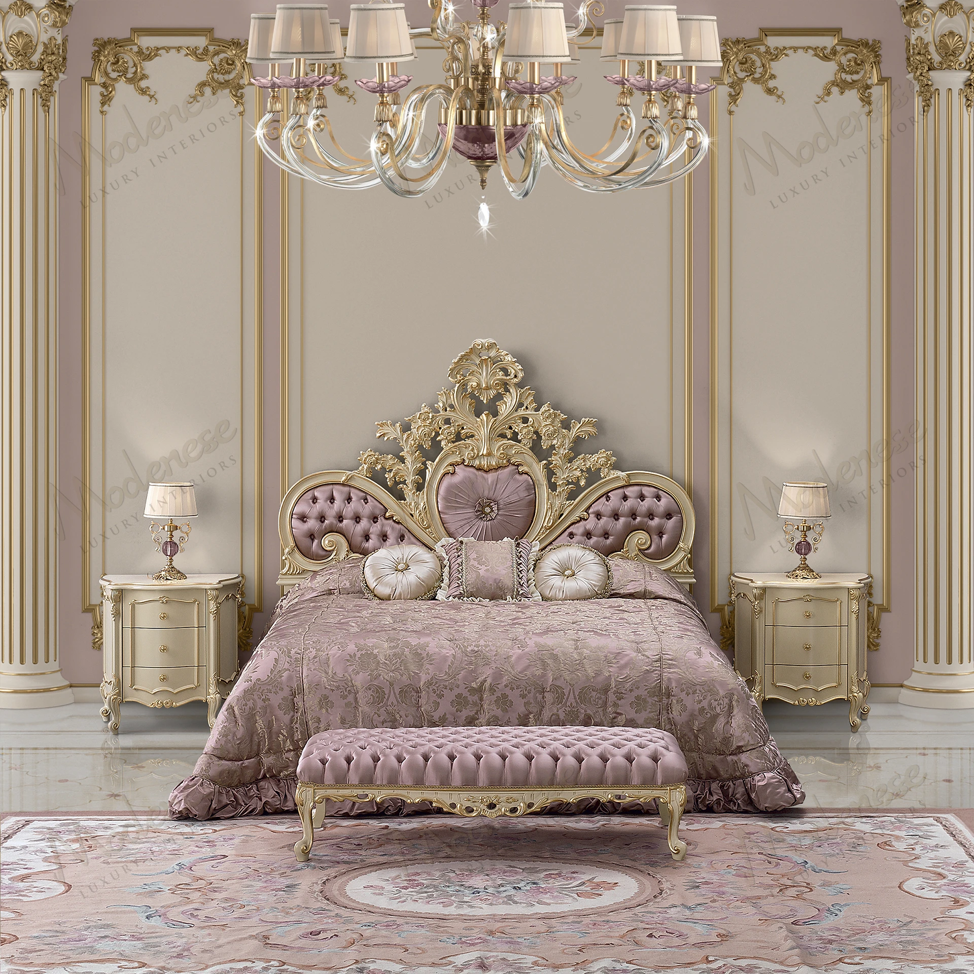 Elegant pink upholstered bed with ivory lacquer finish and gold leaf accents, exuding a royal style