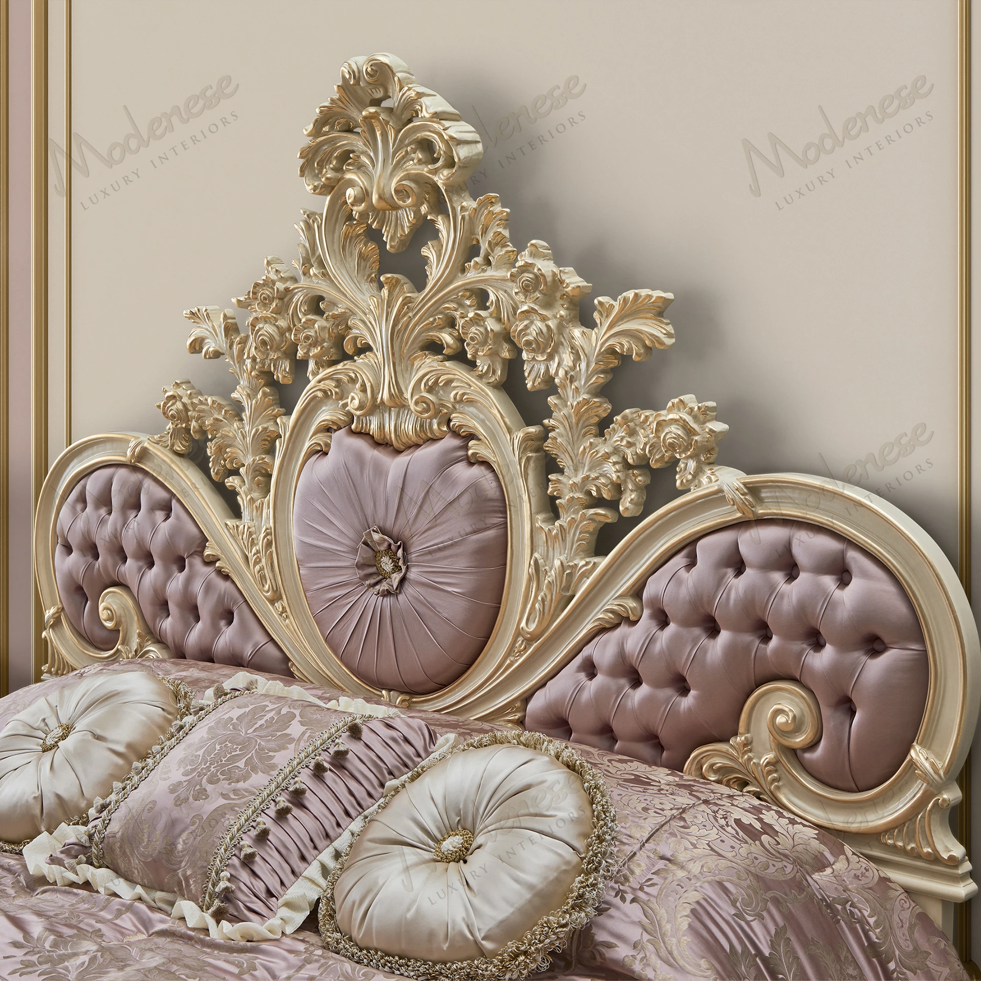 Luxurious pink satin royal bed with capitonné buttons, showcasing a cozy texture. Elegant and inviting for a comfortable rest