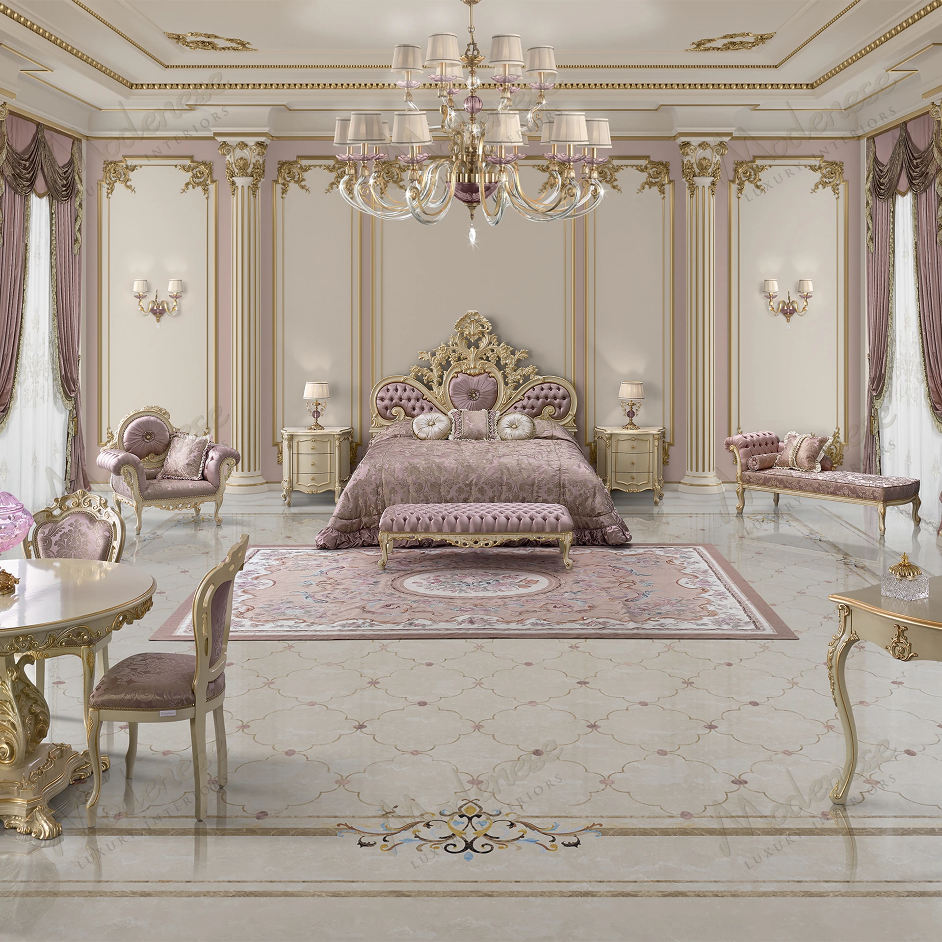 Elegant pink upholstered royal bed with wood structure, ivory lacquered finish, and gold leaf accents, exuding a sleek, luxurious aesthetic