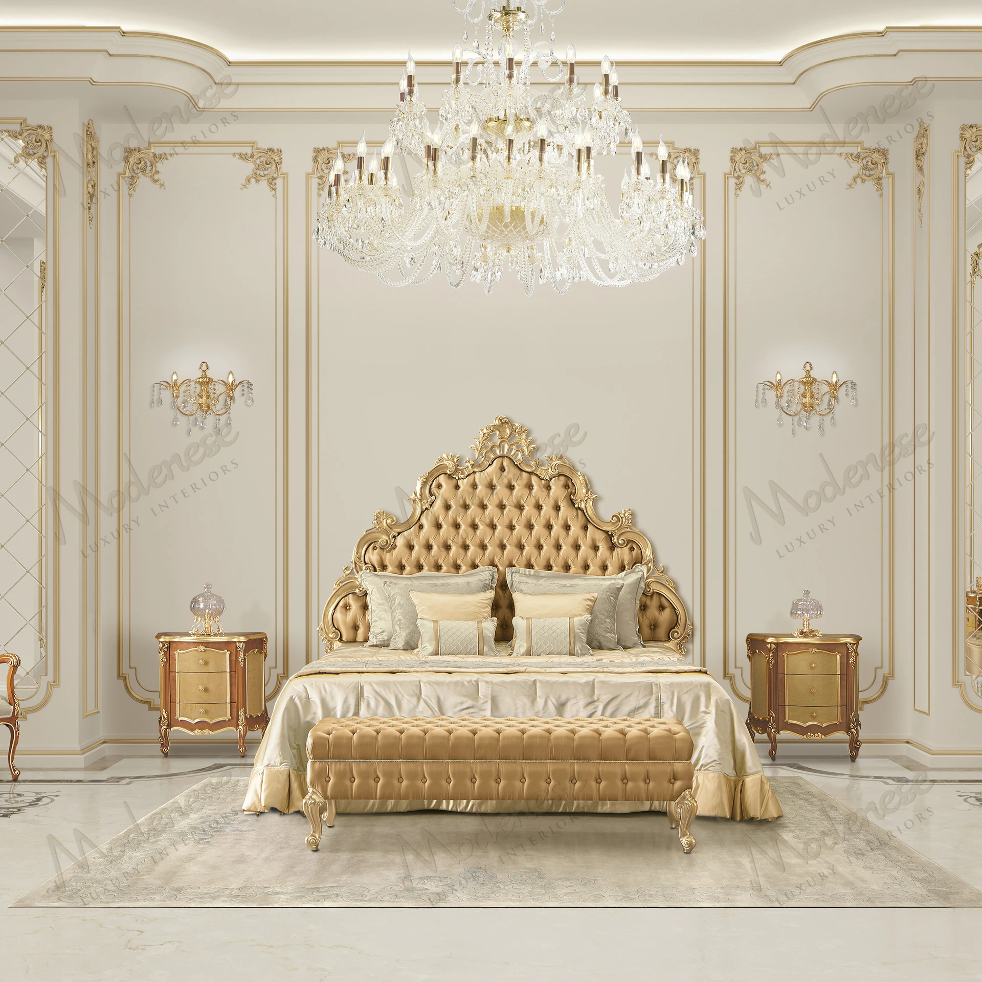 Elegant Royal Blend Bed with wood frame, fabric upholstery, and full gold leaf finish, showcasing a sleek, luxurious design