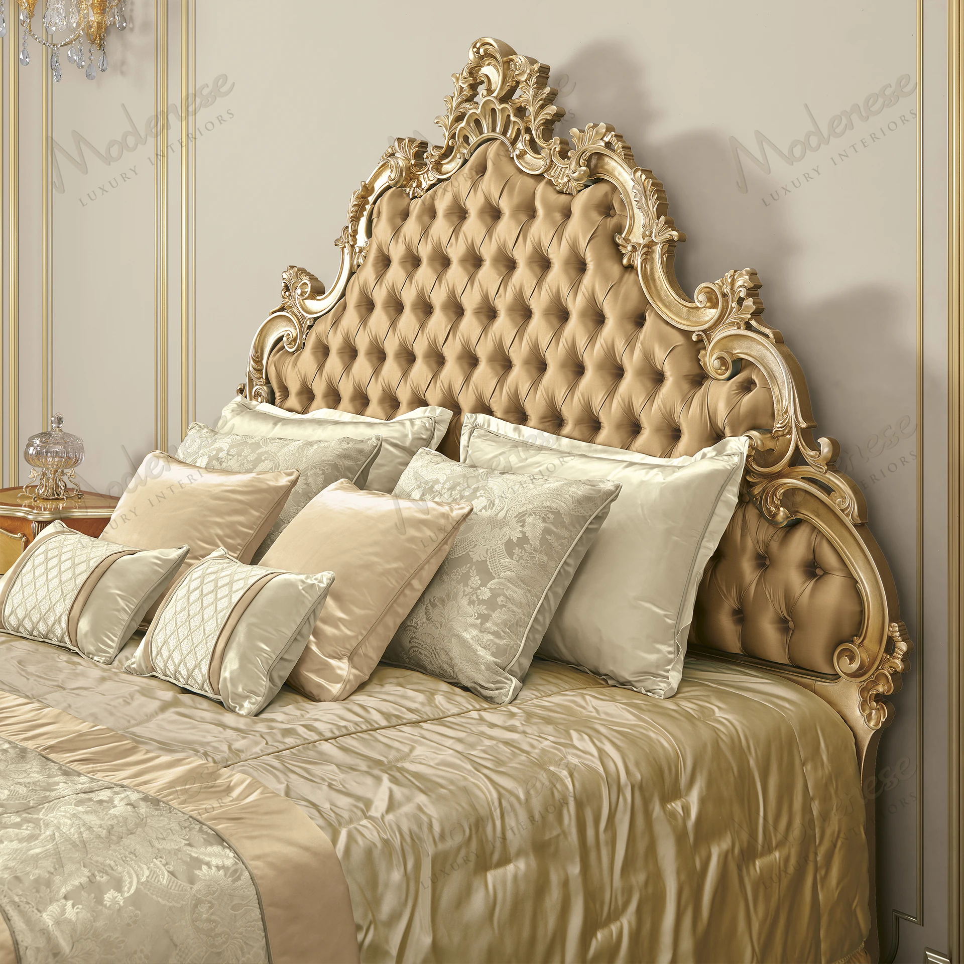 Luxurious Royal Blend Bed with full gold leaf finish and champagne satin, offering an opulent and comfortable sleeping experience