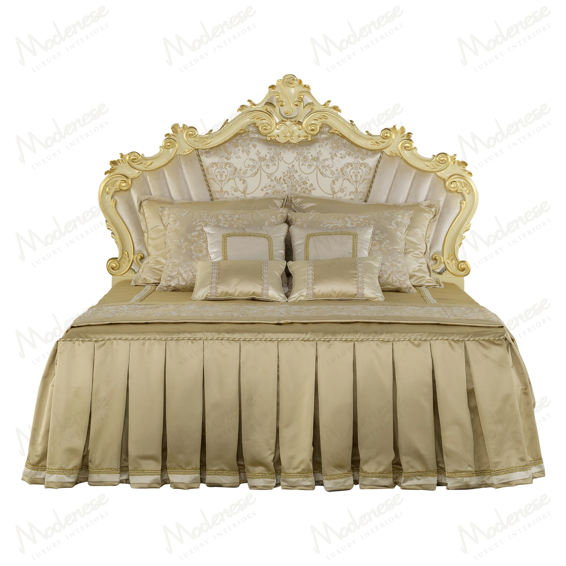 Elegant Ethereal Glow Bed with ivory lacquered finish and gold leaf details, showcasing luxurious design and refined craftsmanship