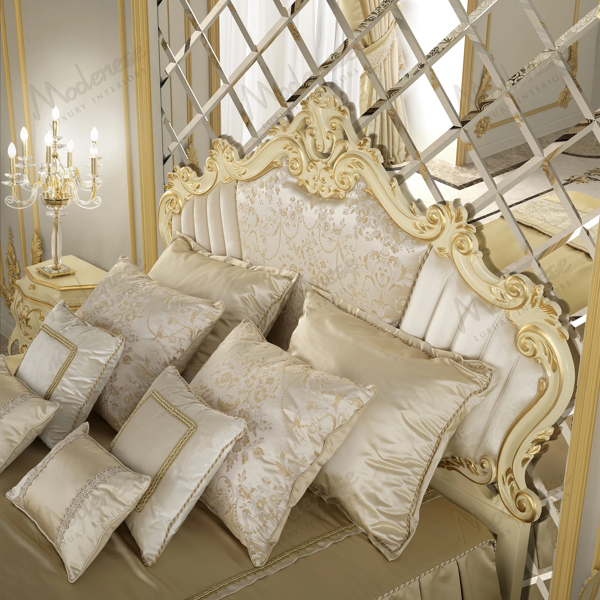 Elegant Ethereal Glow Bed in cream velvet and gold damask fabric, offering a cozy texture and luxurious appearance. Ideal for sophisticated bedroom decor