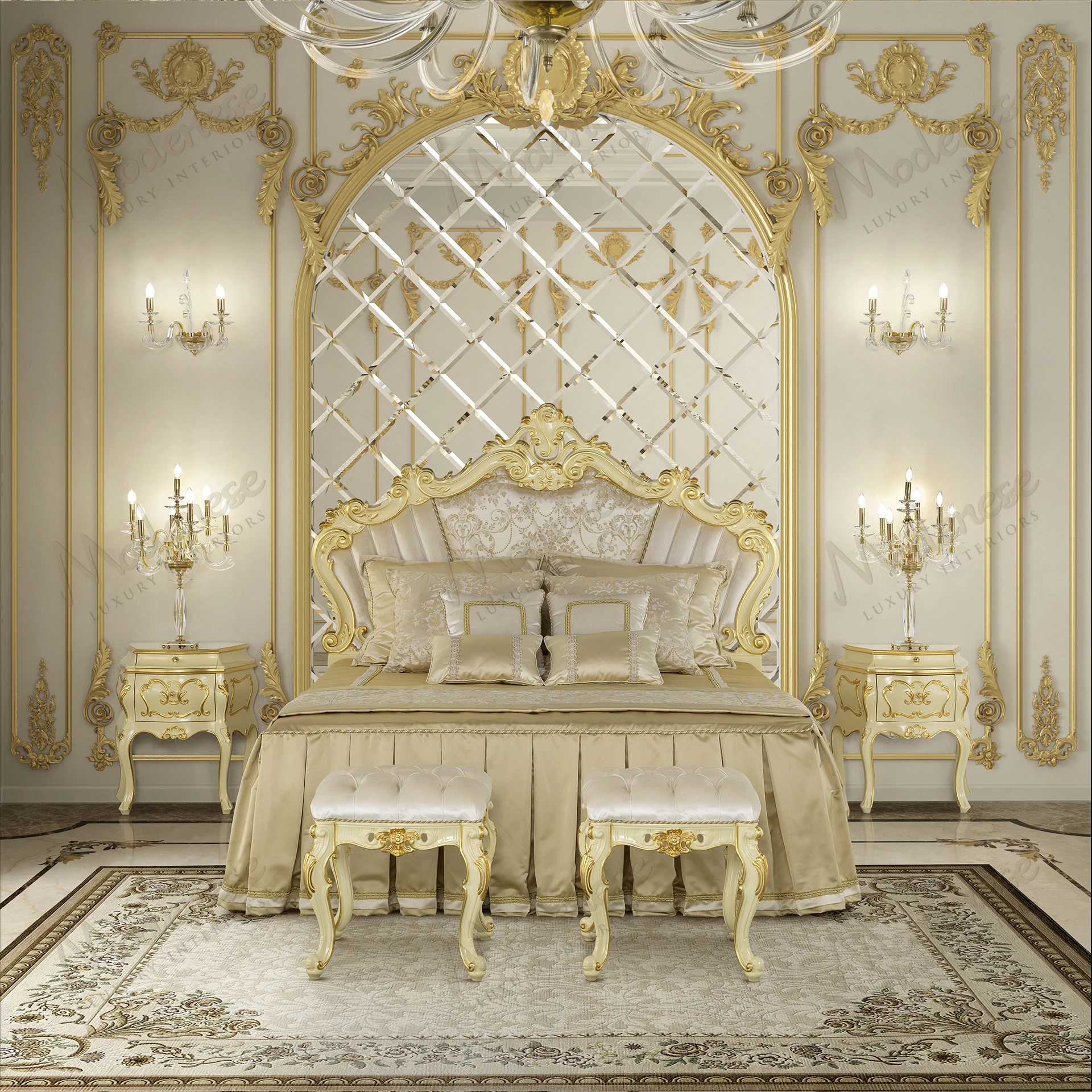 Elegant wooden bed with ivory lacquer finish and gold leaf accents, featuring a sleek design and soft fabric upholstery, exuding an ethereal glow