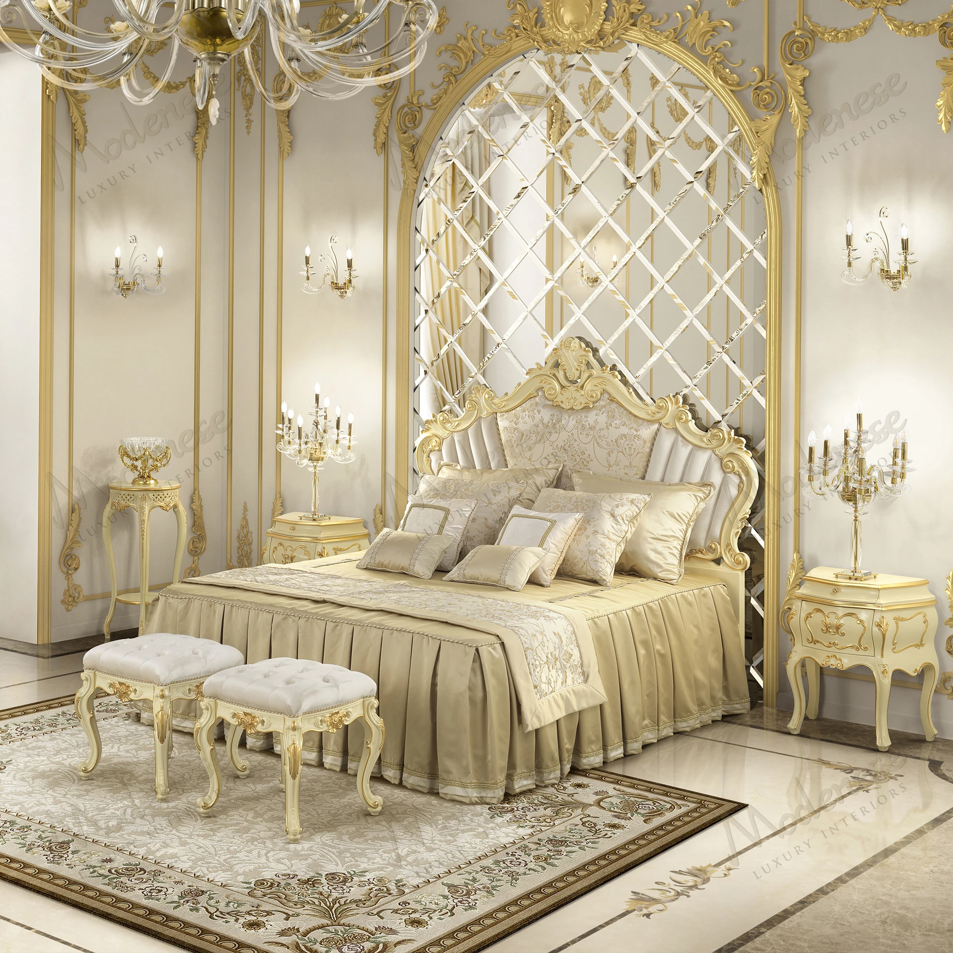 Elegant Ethereal Glow Bed with ivory lacquered finish, gold leaf accents, cream velvet, and damask fabric, offering a luxurious and sophisticated appearance