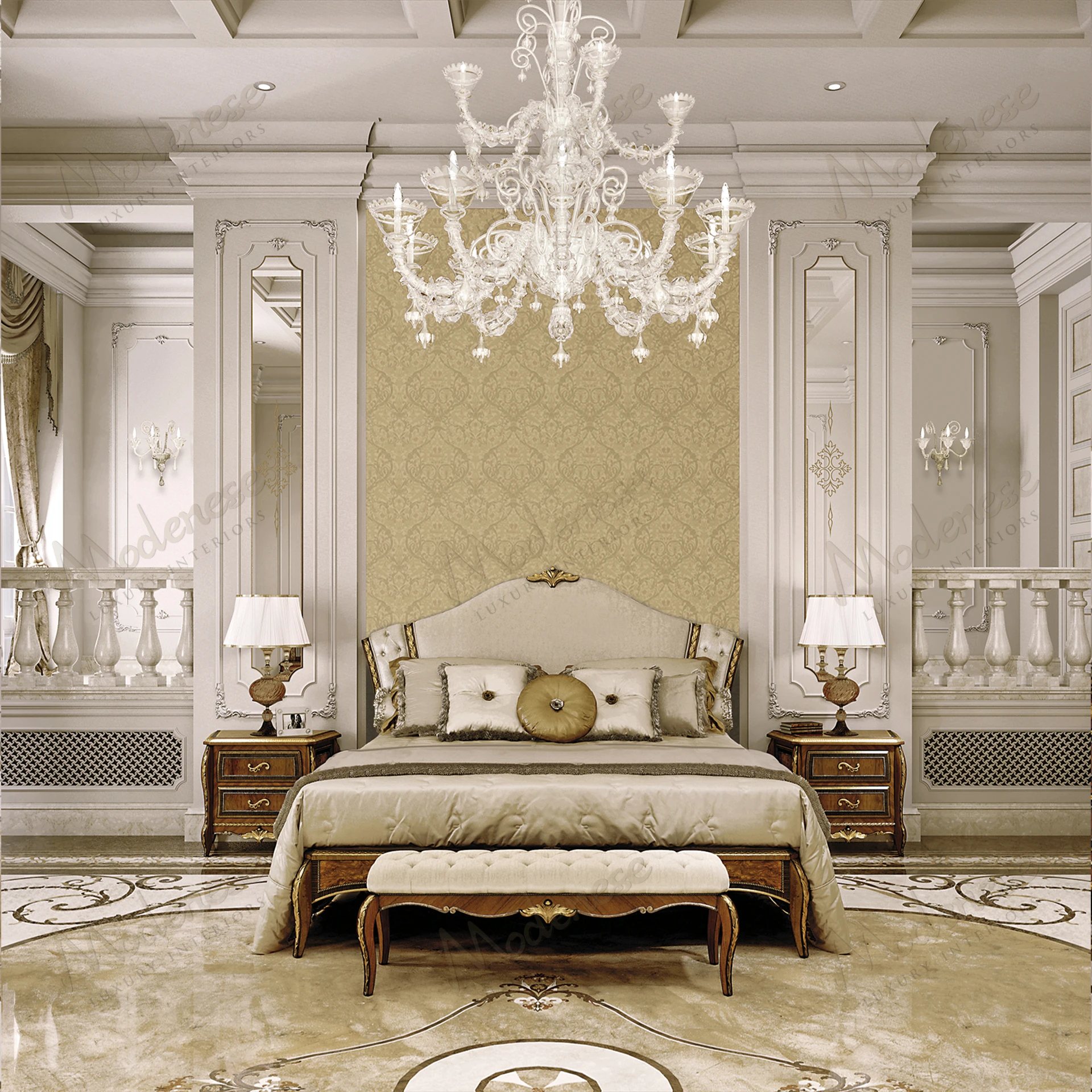 Elegant Heritage Harmony Double Bed with full antiqued gold leaf finish, showcasing intricate detailing and luxurious design, against a neutral background..