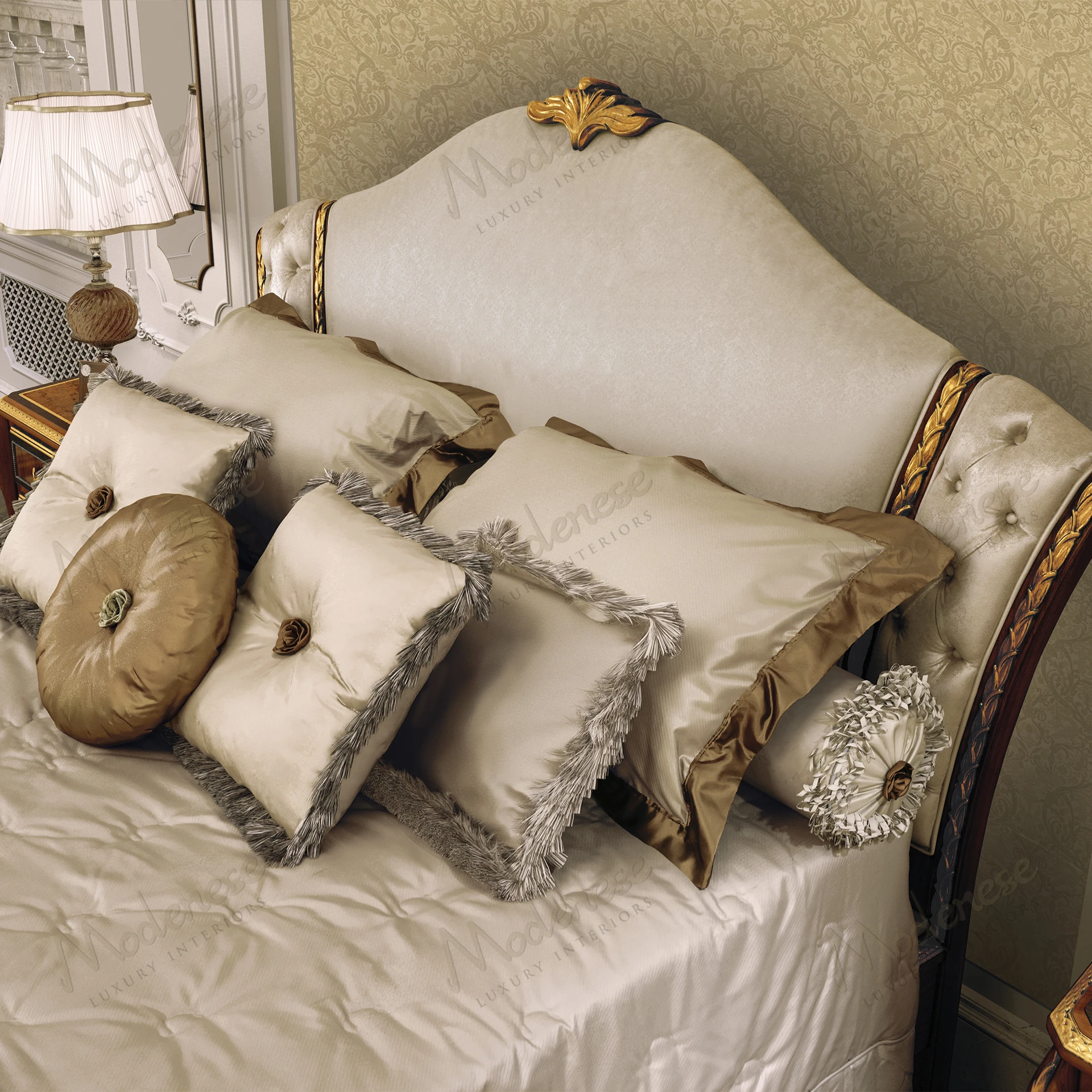 Ivory upholstered double bed with capitonné buttons, cozy texture. Heritage Harmony design offers an elegant, inviting look for any bedroom..