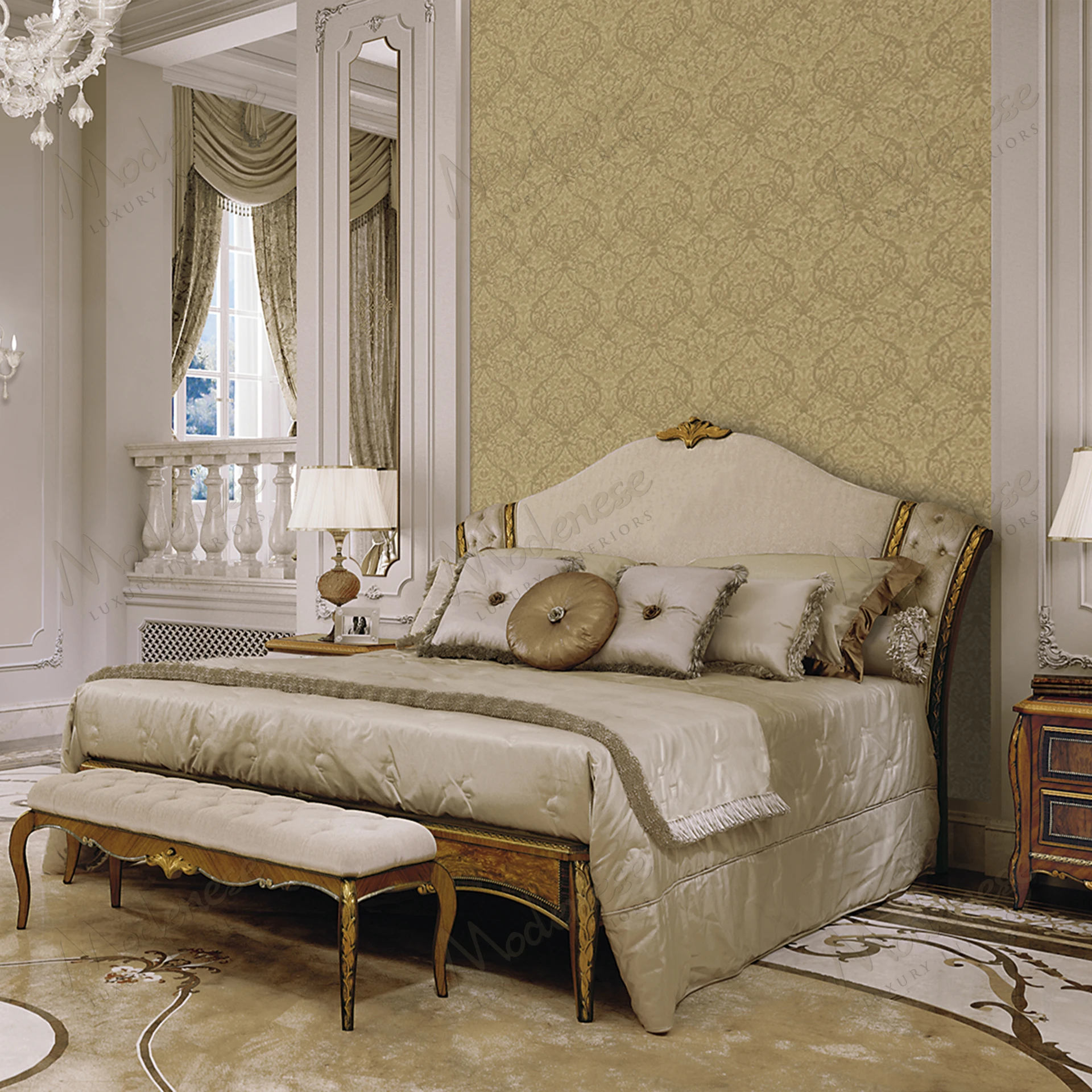 Elegant Heritage Harmony Double Bed with wood structure, fabric upholstery, and antiqued gold leaf finish for a sleek, luxurious aesthetic..