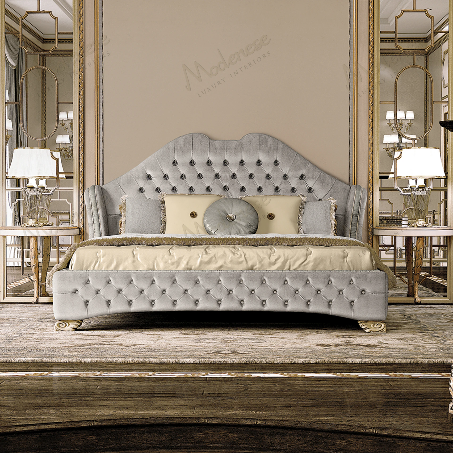 A light blue velvet double bed with capitonné buttons, soft texture, and plush headboard, offering a stylish and cozy sleeping space..