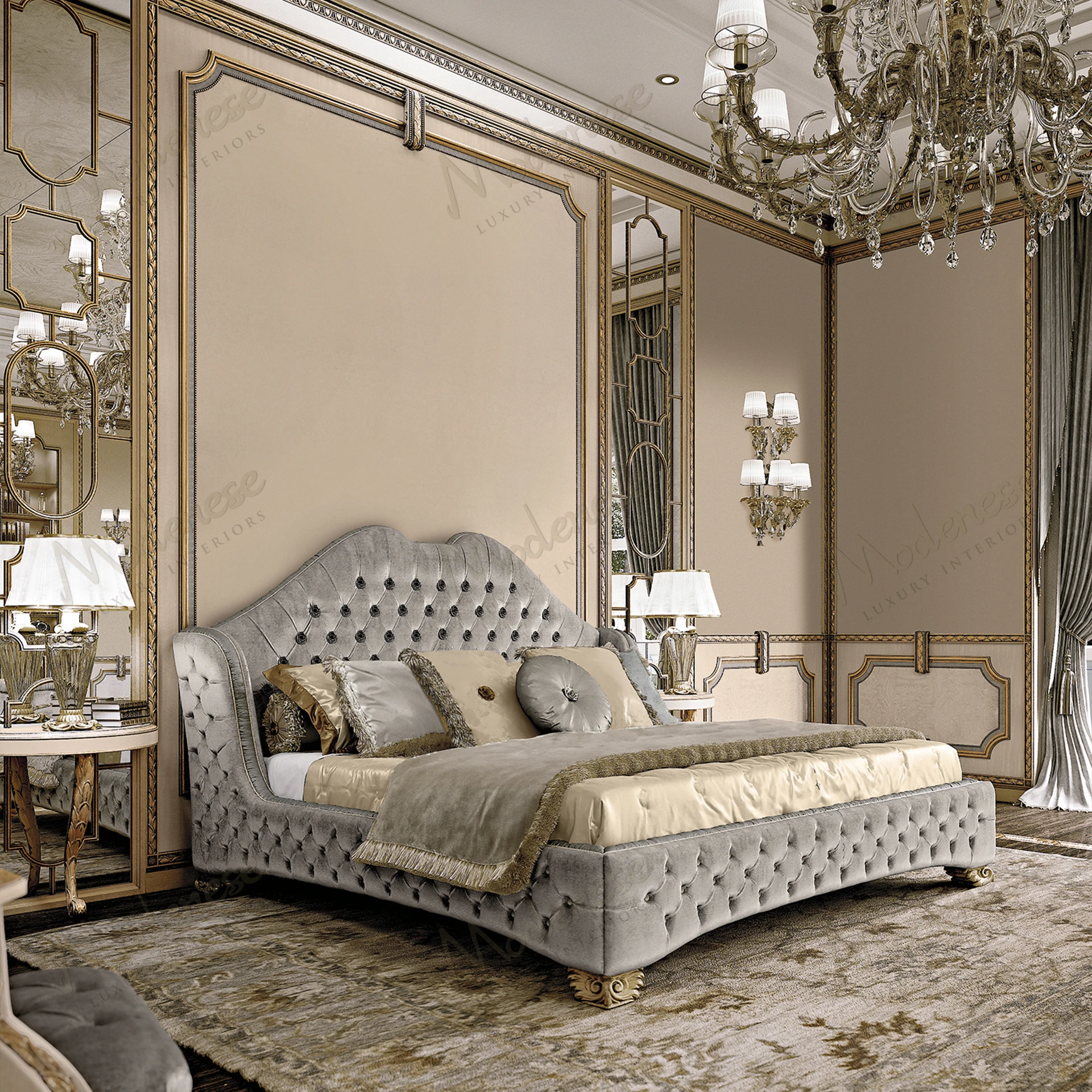 Double bed with wooden frame, fabric upholstery, and antiqued white lacquered finish, showcasing a sleek, minimalist design..