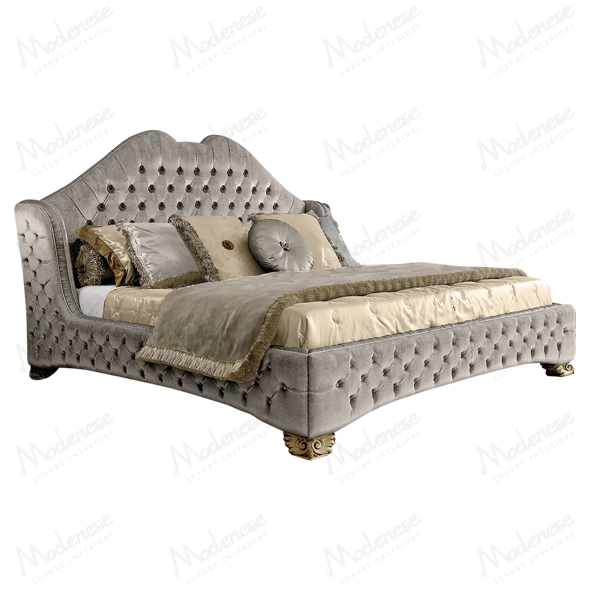 Elegant Embrace double bed with antiqued white lacquered finish, featuring a classic design. Perfect for a sophisticated, timeless bedroom look..