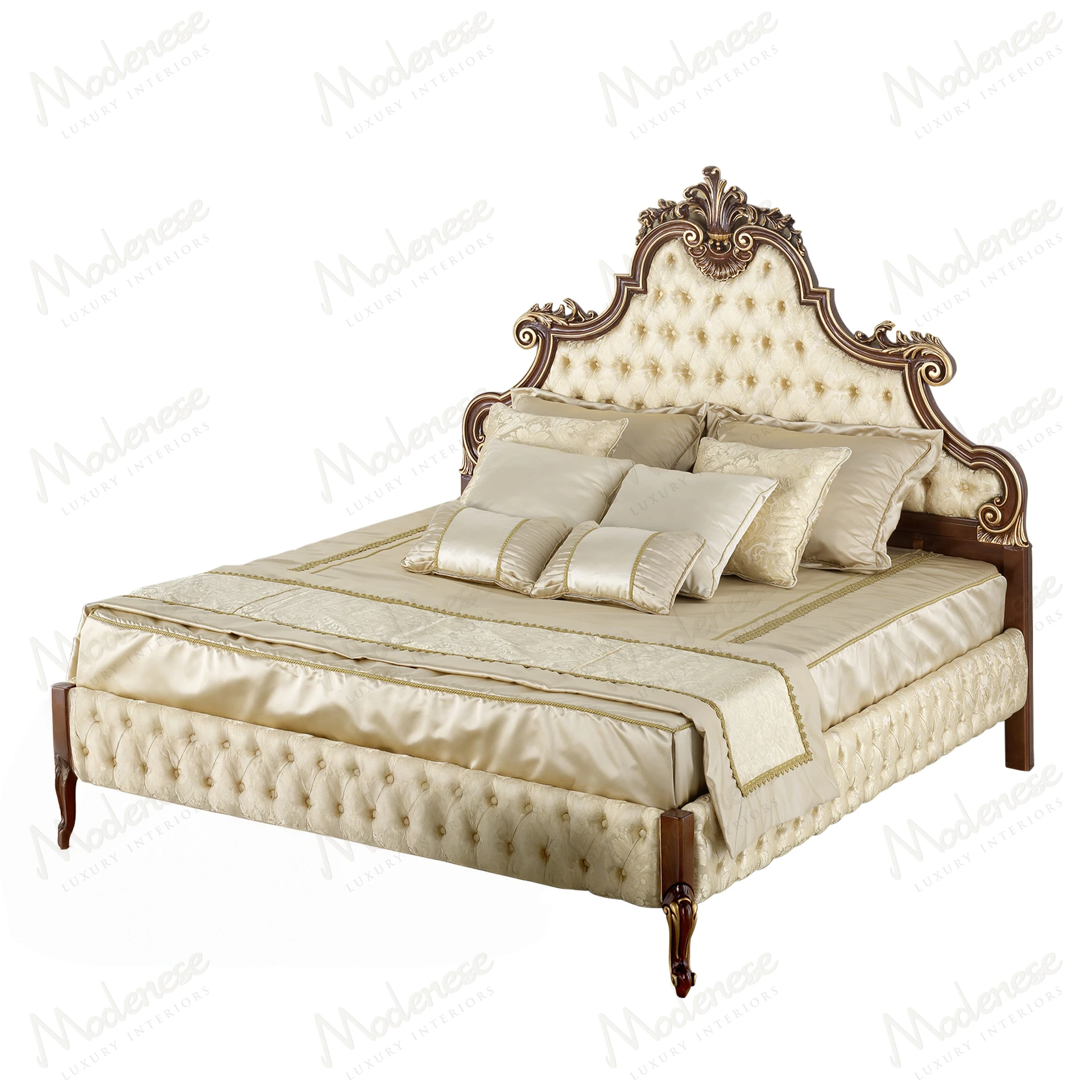 Luxury Glow double bed with classic walnut finish, gold leaf details, and elegant style. Perfect blend of sophistication and comfort..