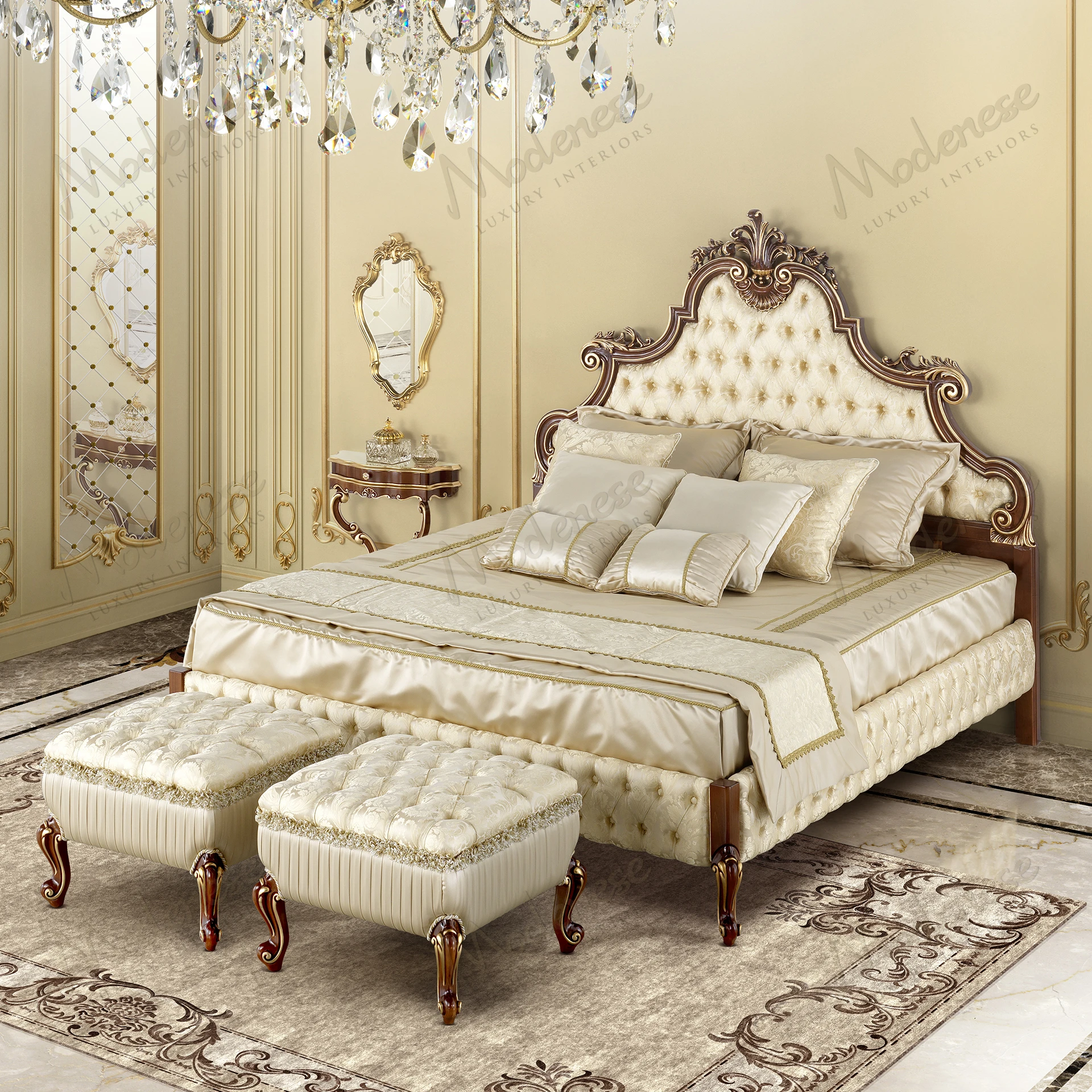 Luxury Glow Double Bed: elegant wood frame, classic walnut finish, gold leaf accents, sleek design, fabric upholstery, enhances bedroom ambiance..