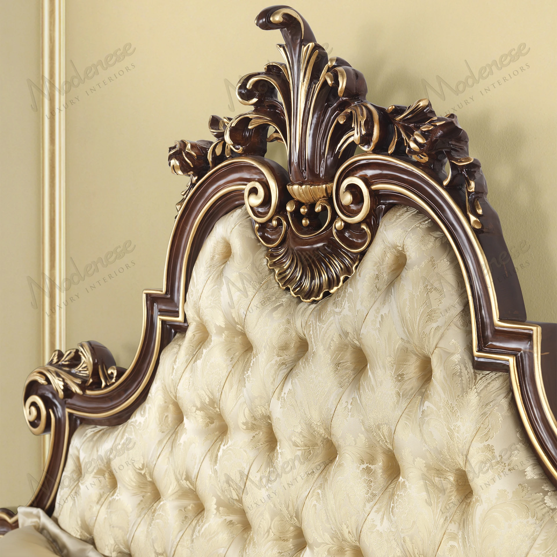 Luxury Glow Double Bed with walnut finish, gold leaf accents, ivory fabric, capitonné buttons, offering a luxurious feel. Accessible per Harvard guidelines..