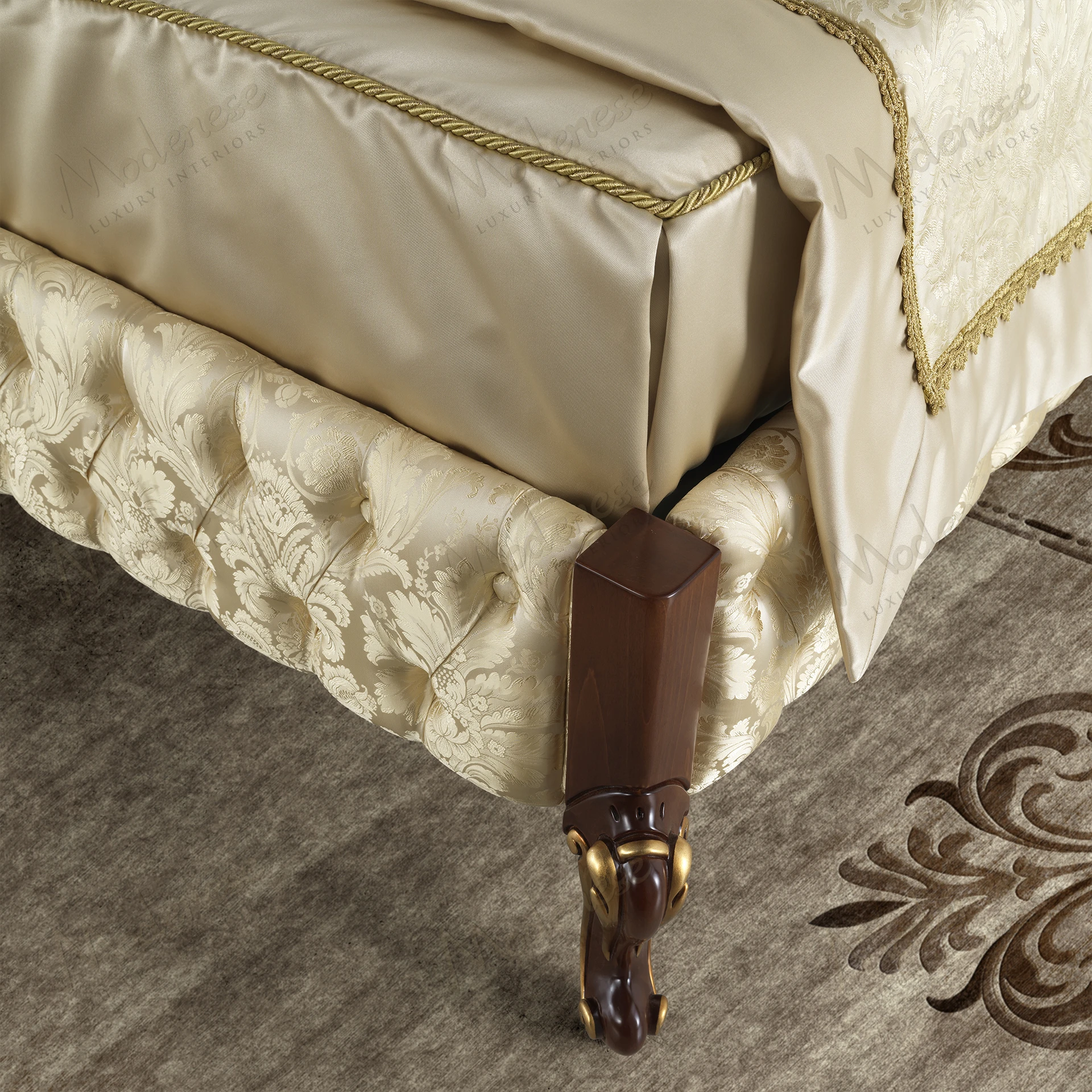 Ivory fabric double bed with wood frame, capitonné buttons, and a contemporary design. Luxurious and elegant..