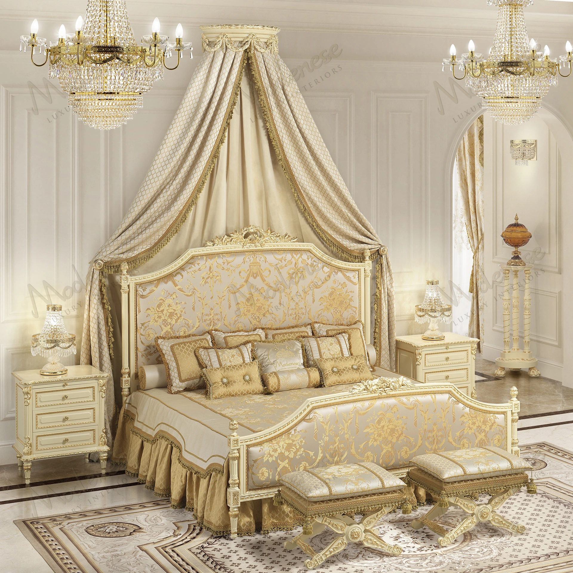Luxurious Golden Radiance Bed with cream and gold damask upholstery, featuring a cozy texture for elegant comfort