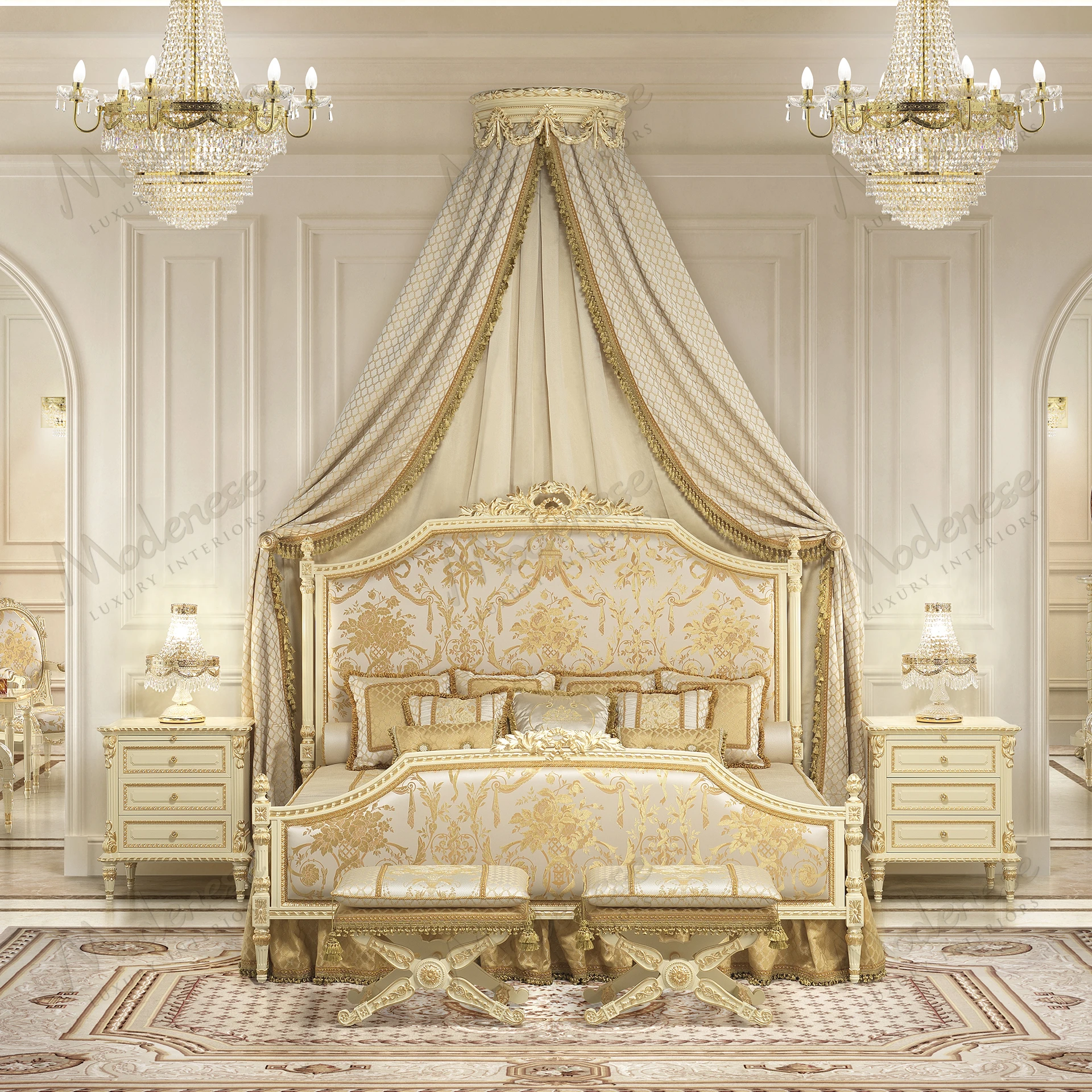 Elegant Golden Radiance Bed with ivory lacquered finish and gold leaf details, showcasing a luxurious design. Perfect for a sophisticated bedroom setting